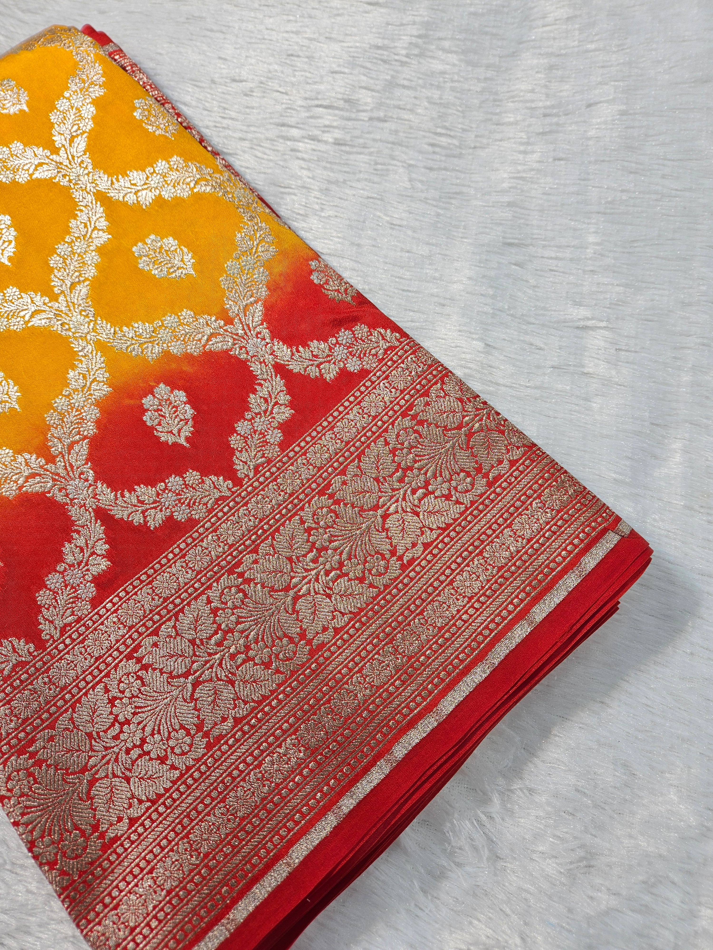 Yellow Gold and Red Contrast Raw Mango Silk Saree with a beautiful Jaal Design