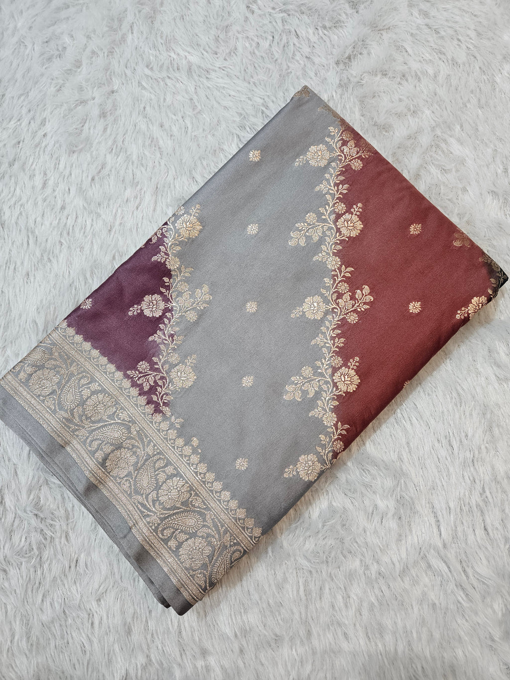 Rangkaat Grey Mashru Silk Banarasi Saree Aada Design Multi Colour