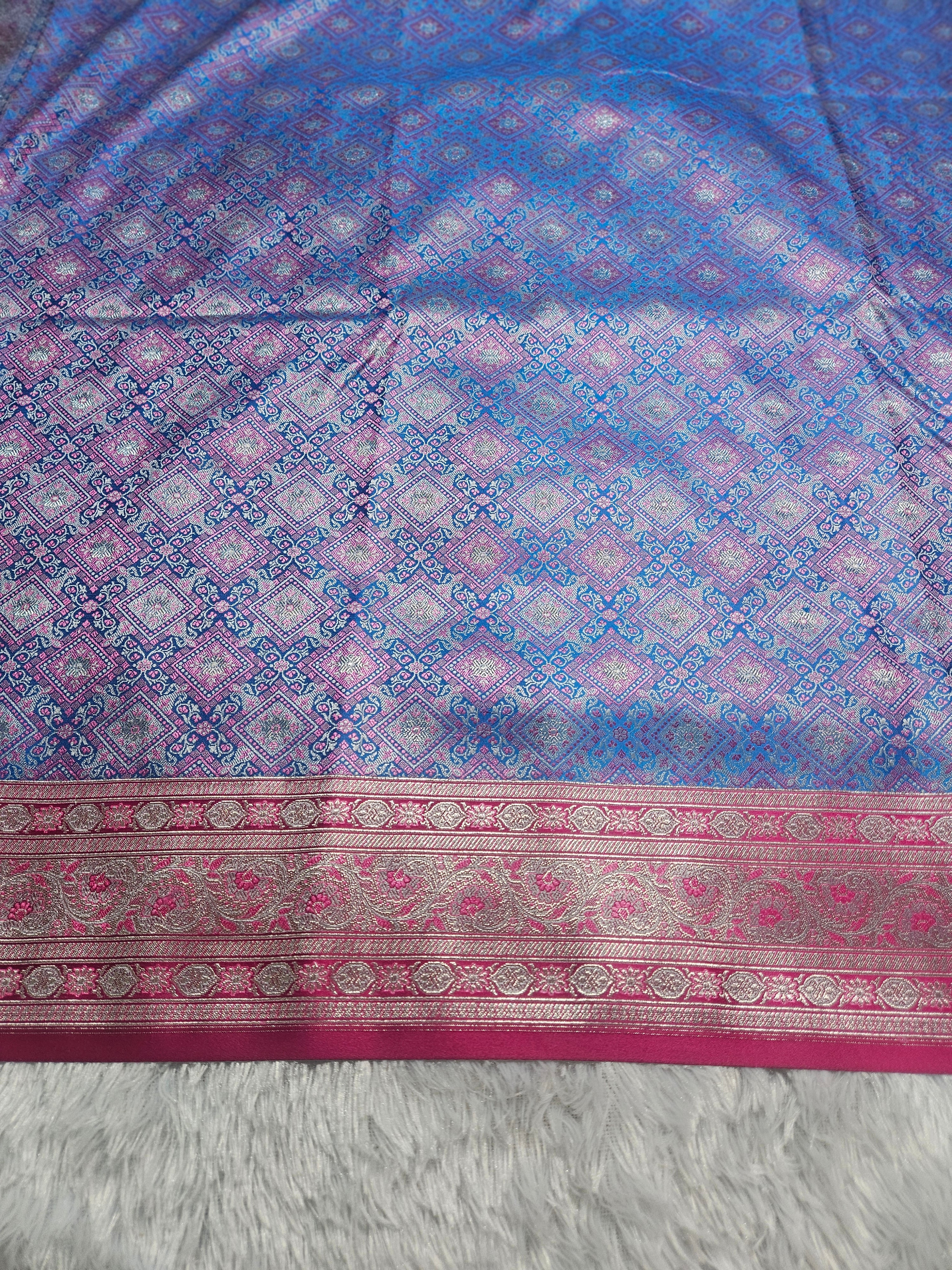 Blue and Rani Contrast Banarasi Jamewar Katan Satin Silk Saree with Multi Minakari