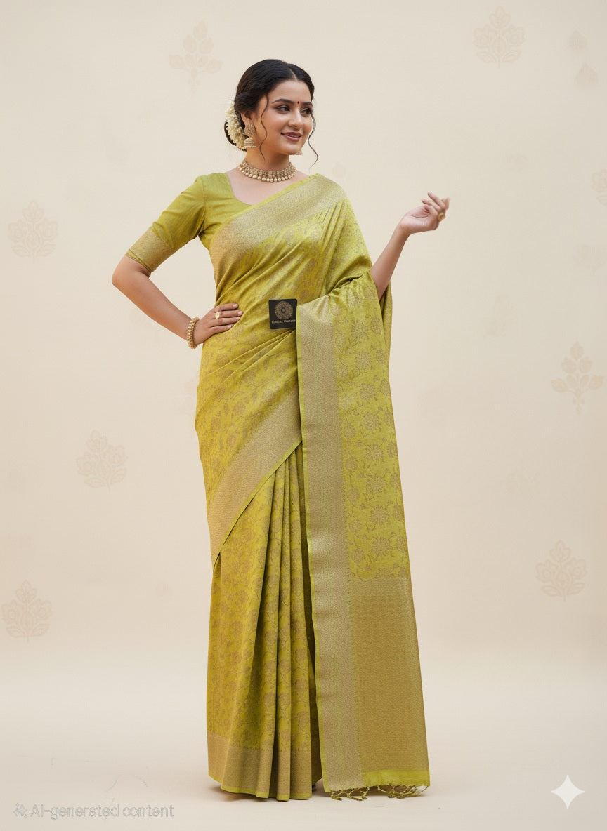 Banarasi Georgette Mustar Saree with Antique Zari Border Jaal