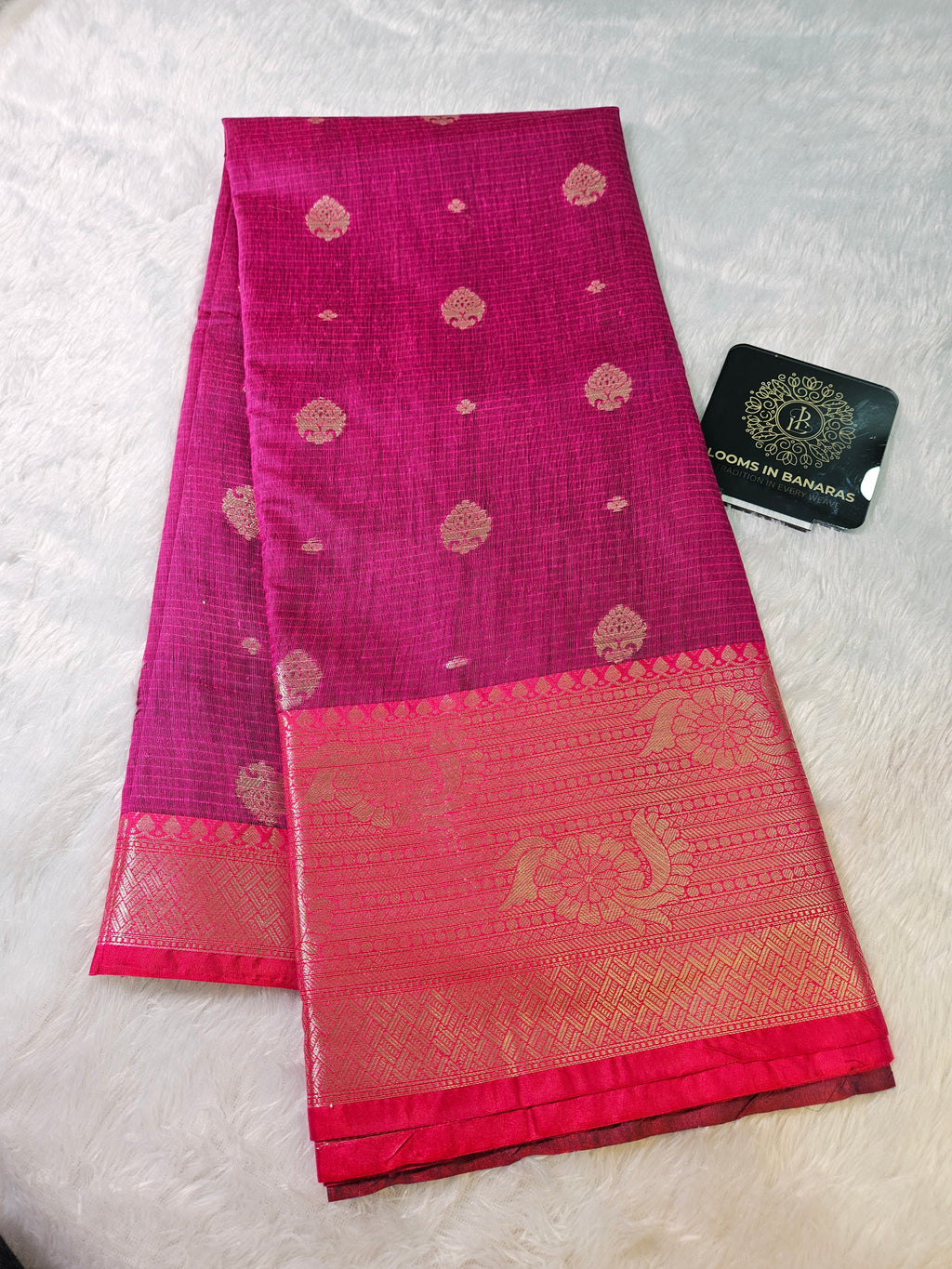 Rani and Blue Contrast Banarasi Cotton Zari Border Boota Saree