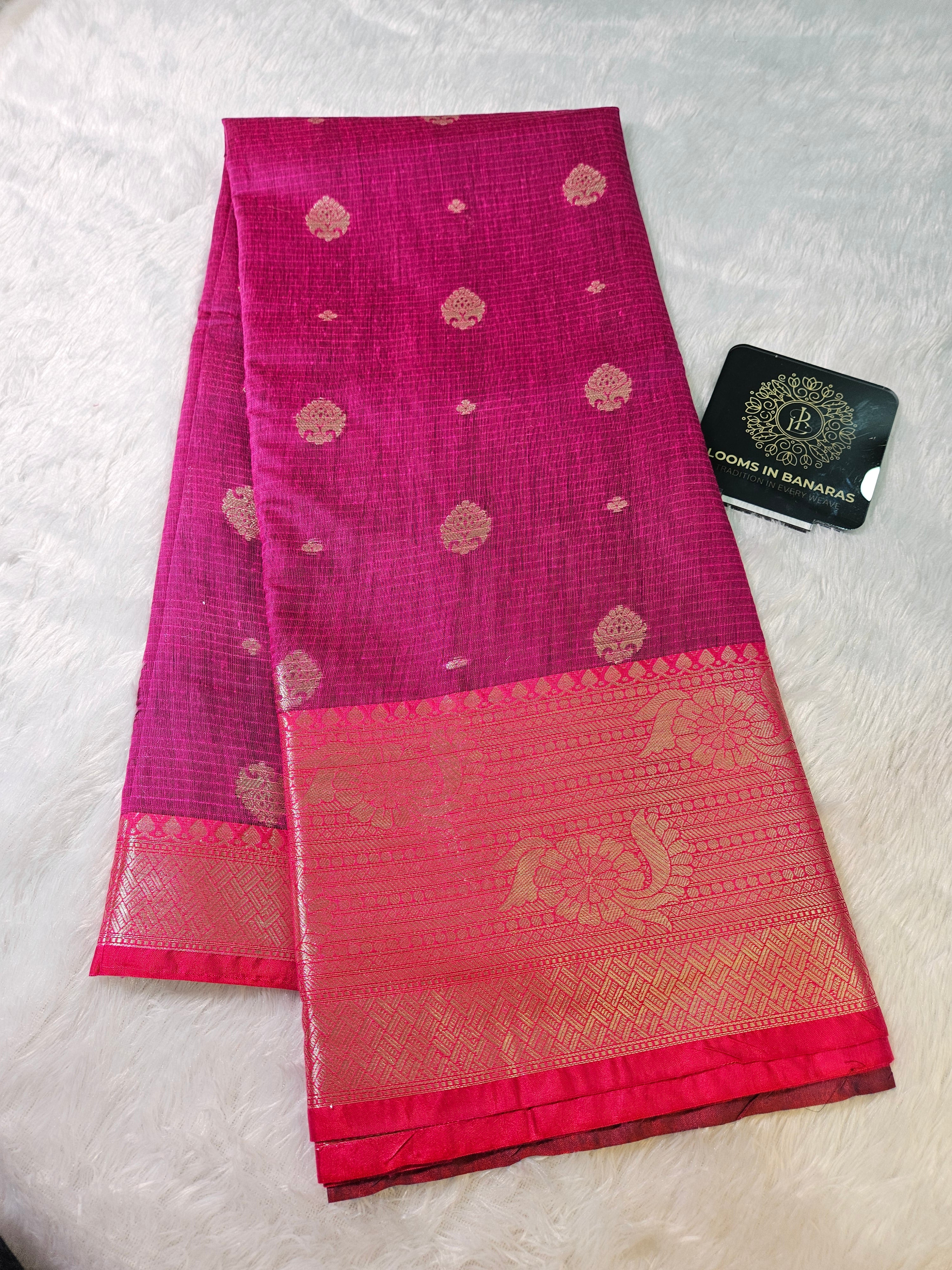 Rani and Blue Contrast Banarasi Cotton Zari Border Boota Saree