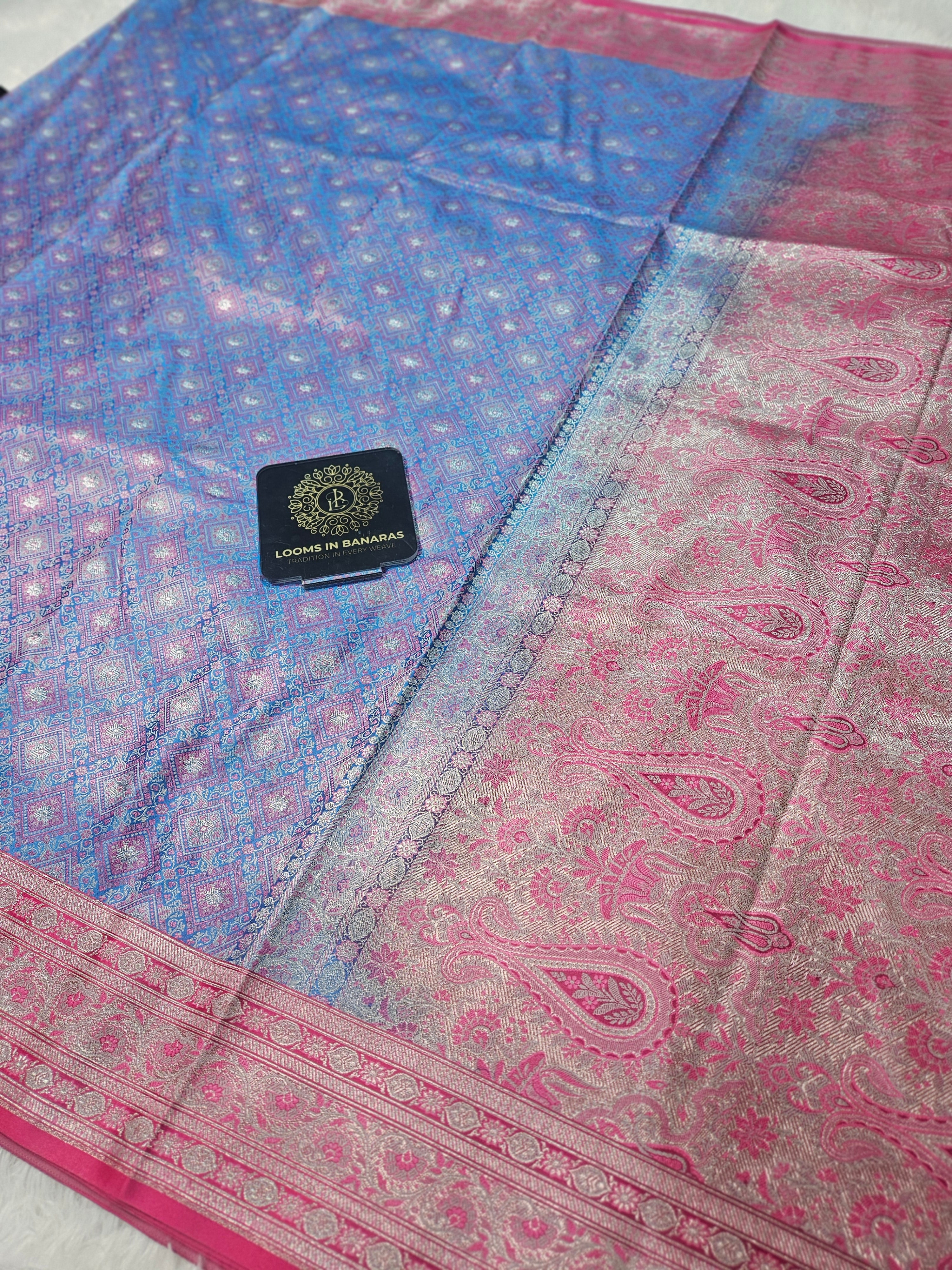 Blue and Rani Contrast Banarasi Jamewar Katan Satin Silk Saree with Multi Minakari