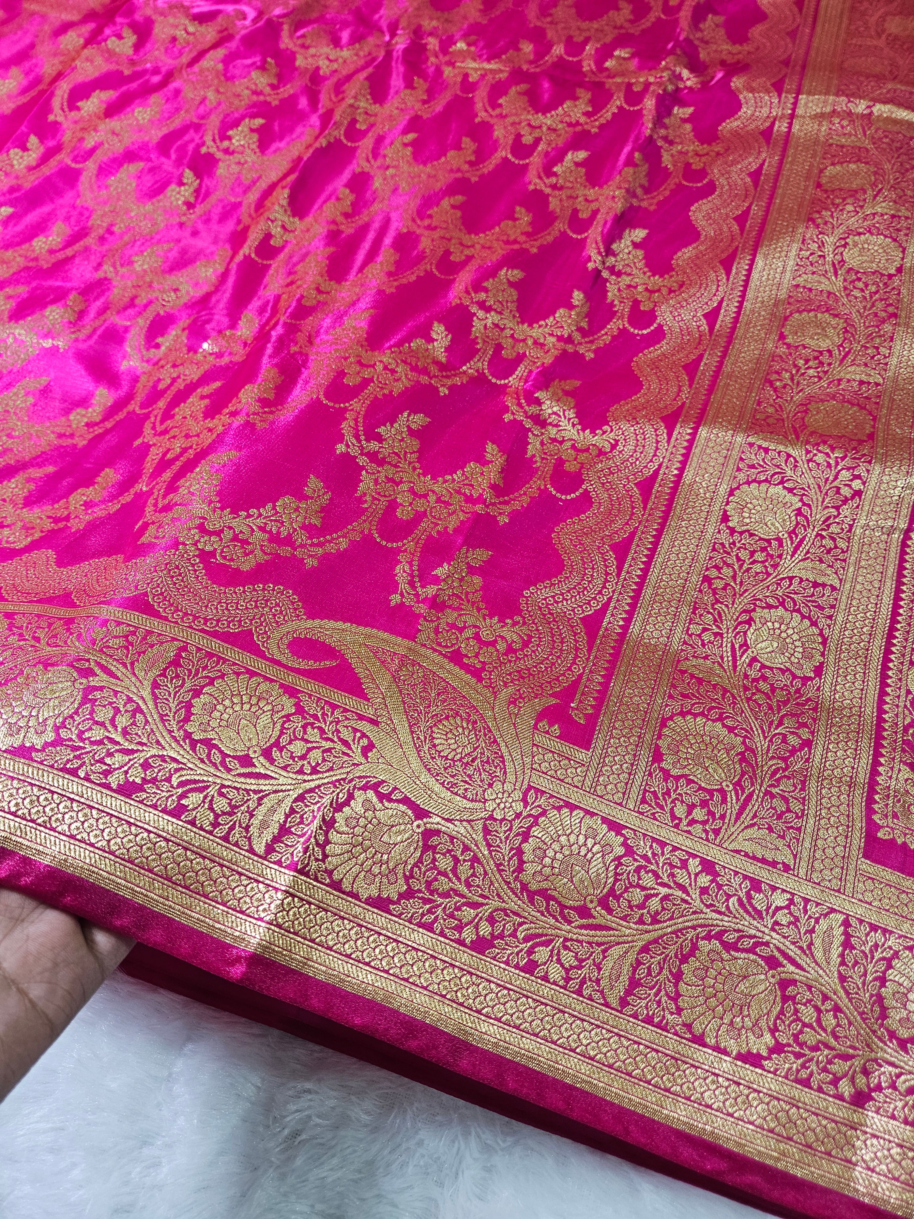 Rani Pink Satin Silk Banarasi Border Jangla Saree
