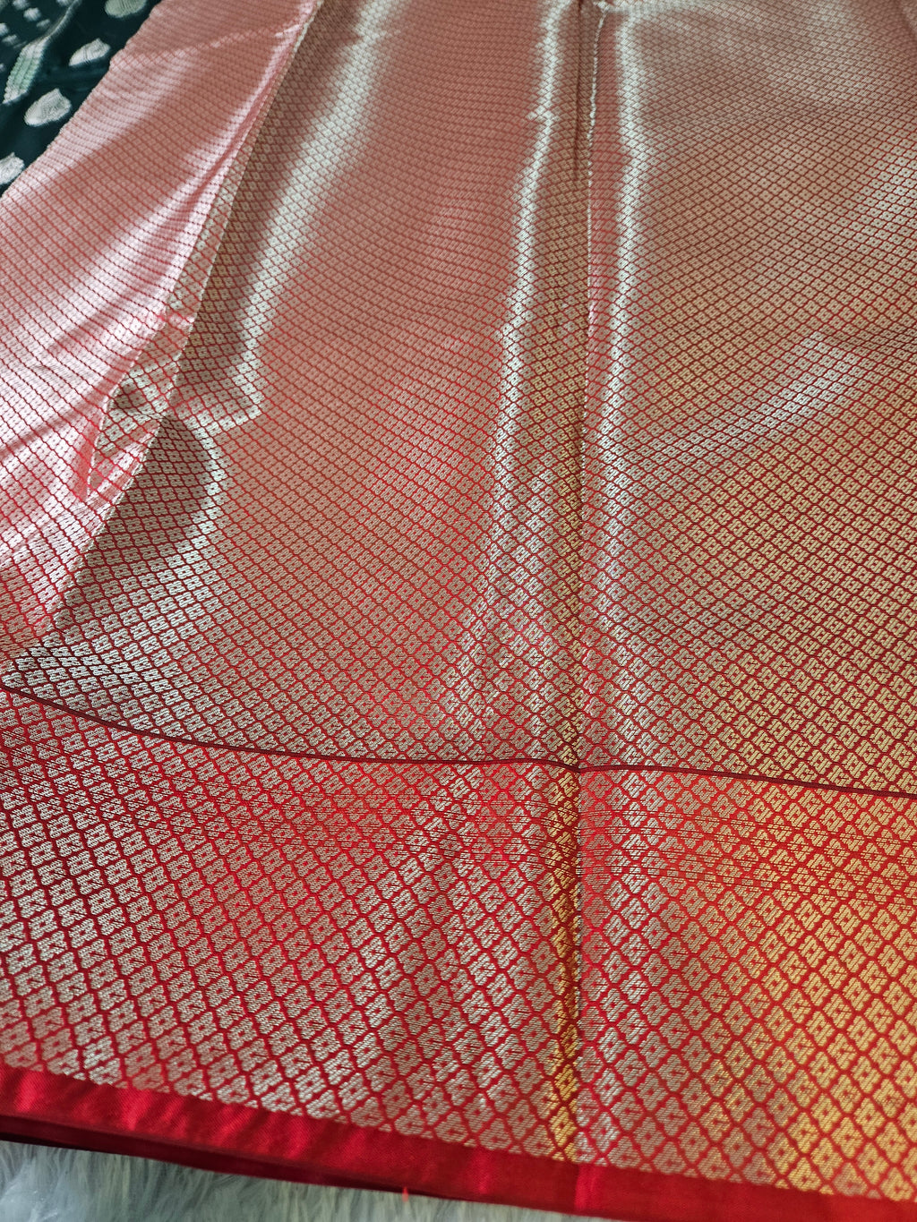 Bottle Green and Red Contrast Banarasi Silk Jaal Zari Border Saree