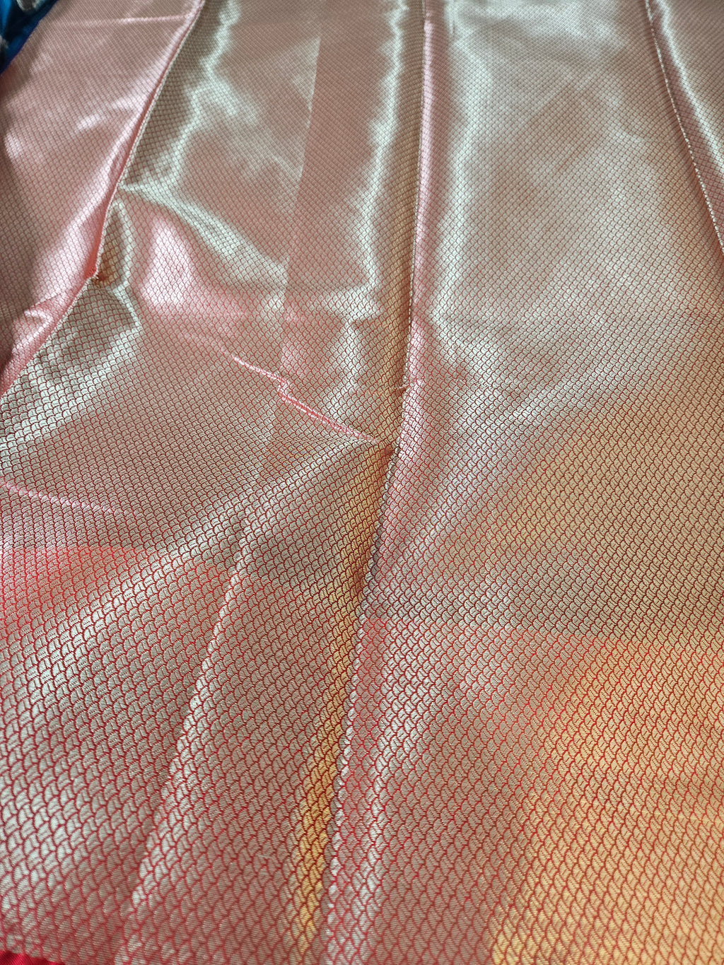 Firozi and Red Contrast Banarasi Silk Buta Zari Border Saree