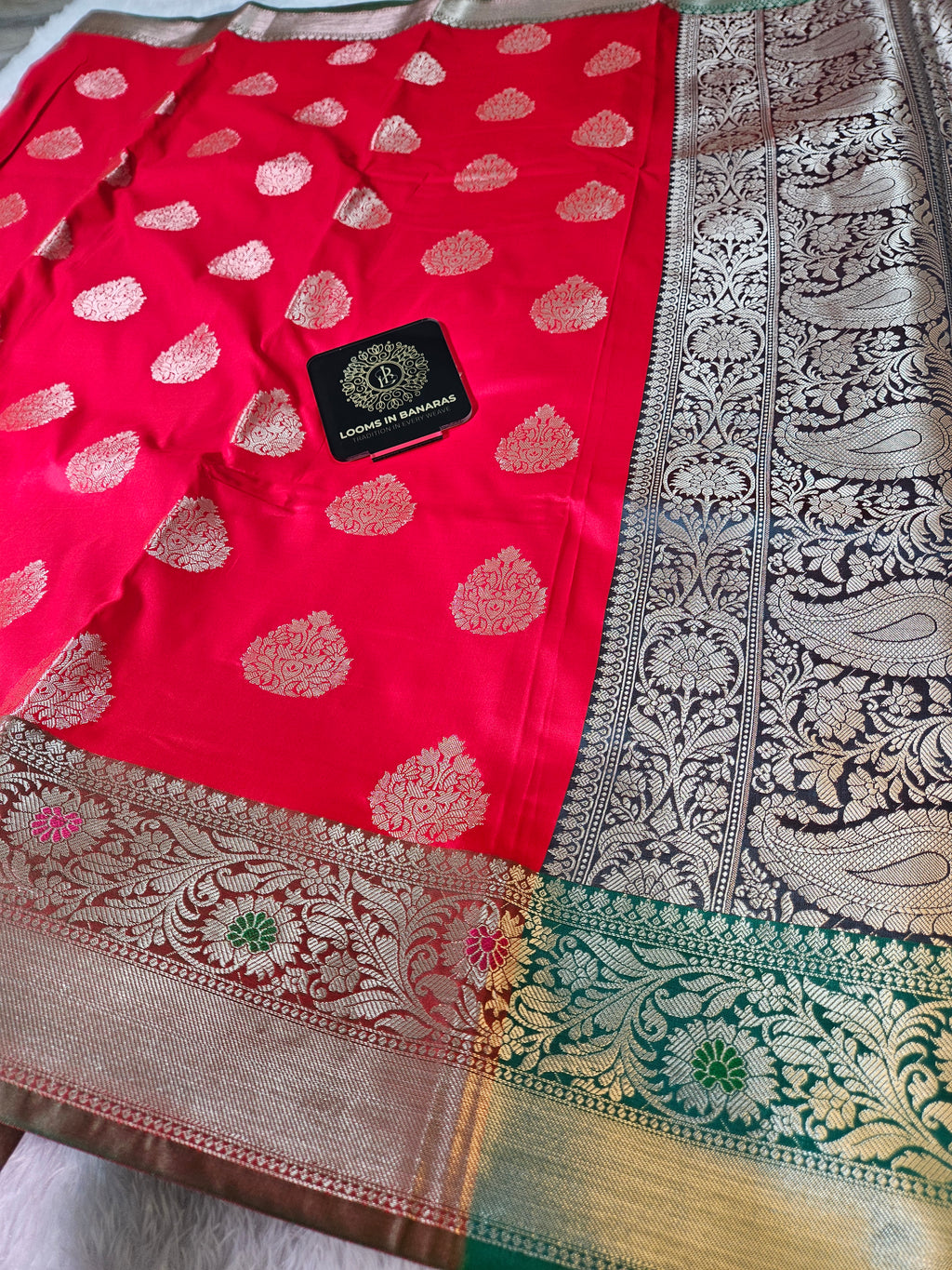 Red and Green Contrast Banarasi Silk Buta Zari Border Saree