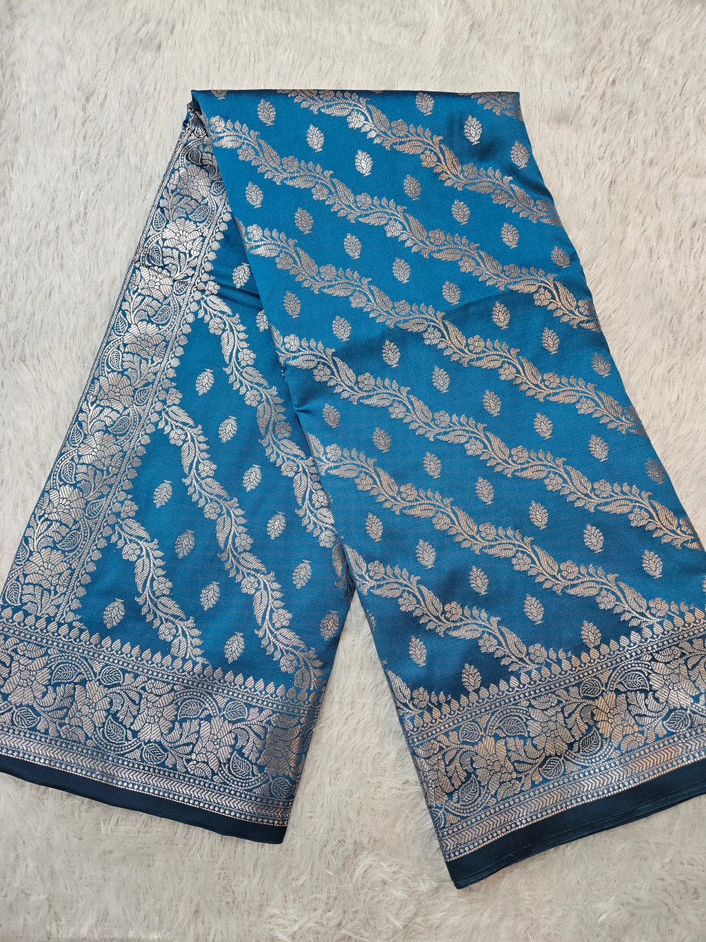 Banarasi Turquoise Silk Jaal Zari Border Saree