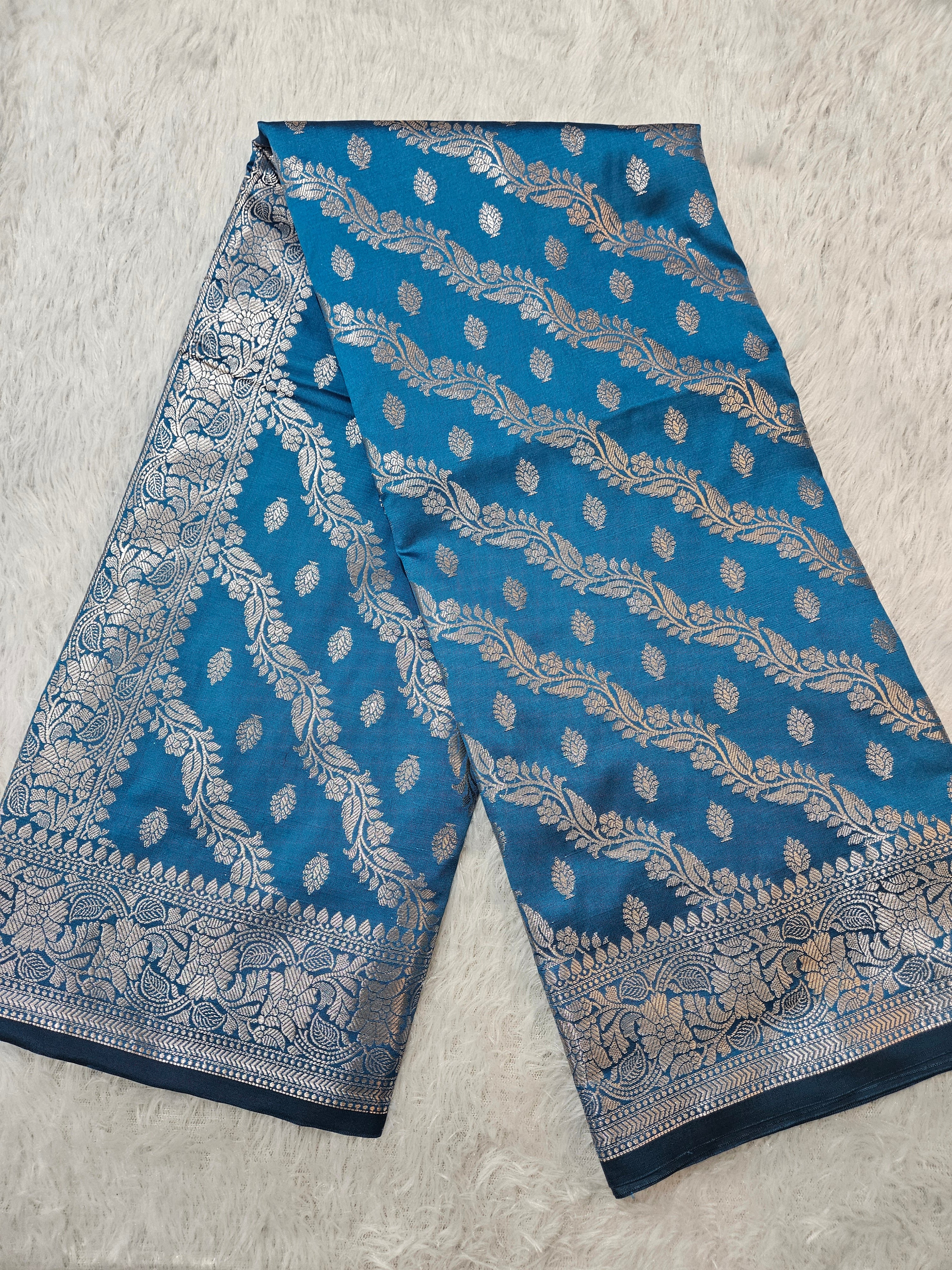 Banarasi Turquoise Silk Jaal Zari Border Saree