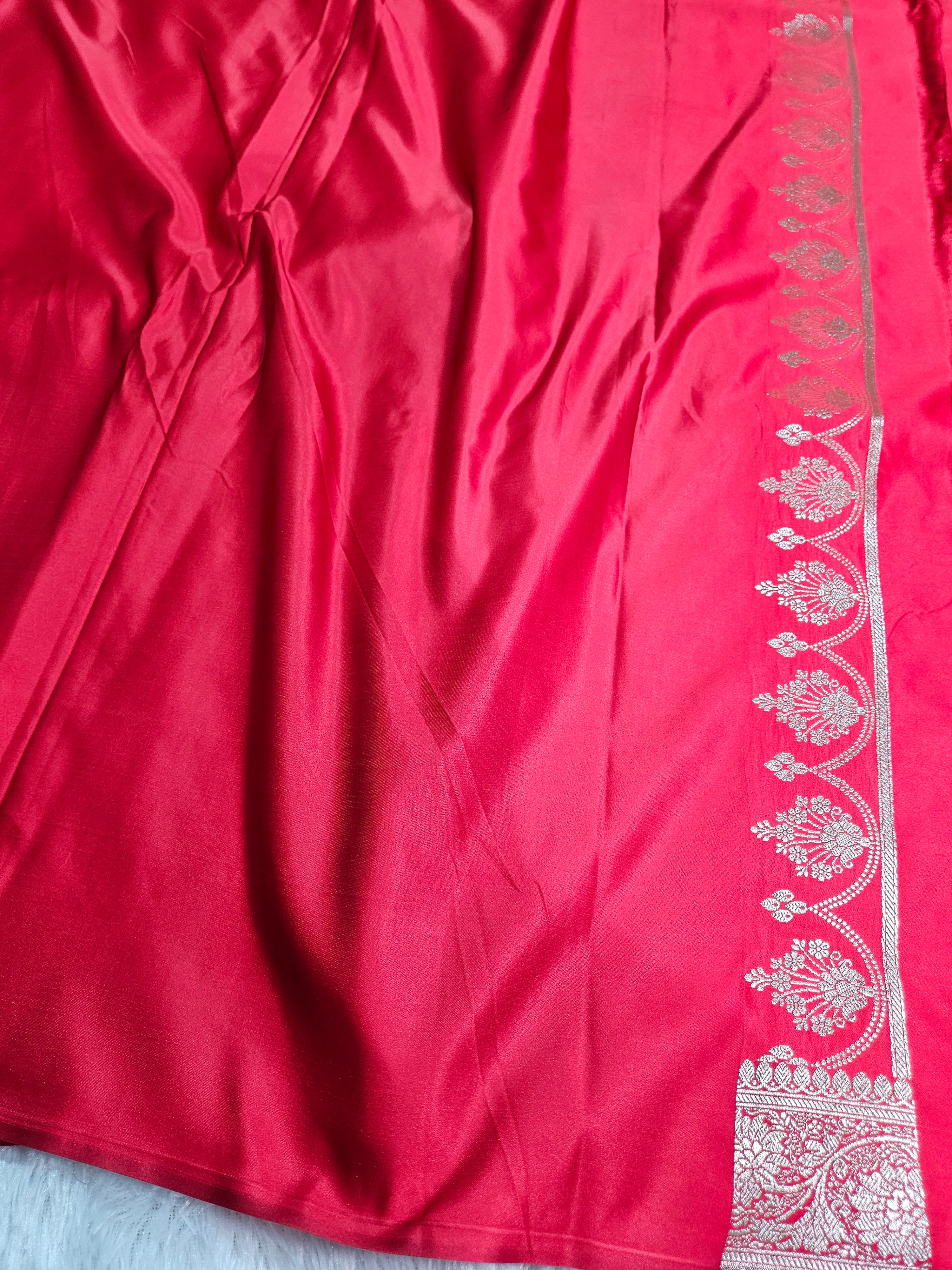 Red Banarasi Mashru Silk Border Jaal Saree