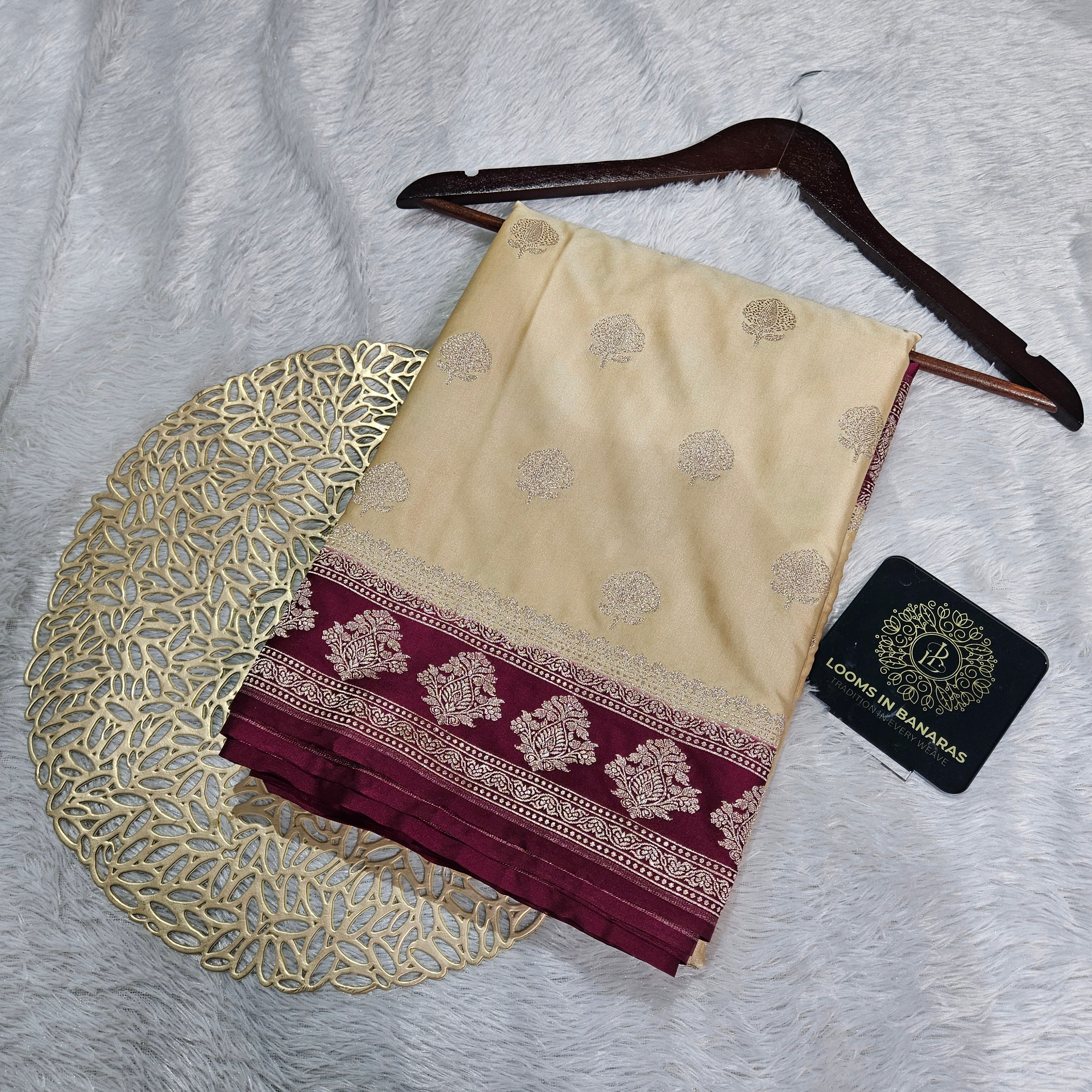 Beige and Maroon Contrast Mashru Silk Banarasi Border Booti Saree