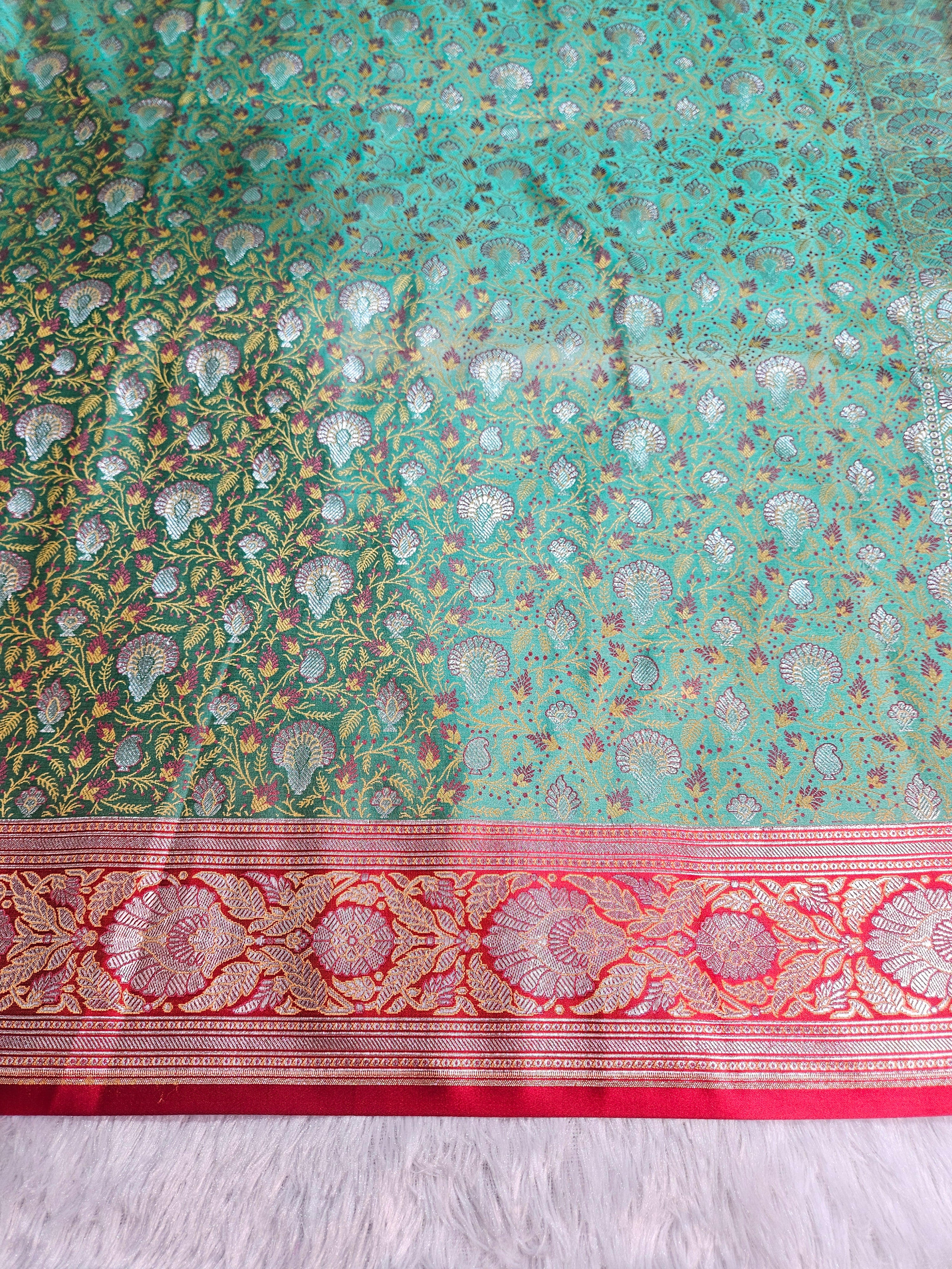 Sea Green and Red Contrast Banarasi Jamewar Katan Satin Silk Saree with Multi Minakari