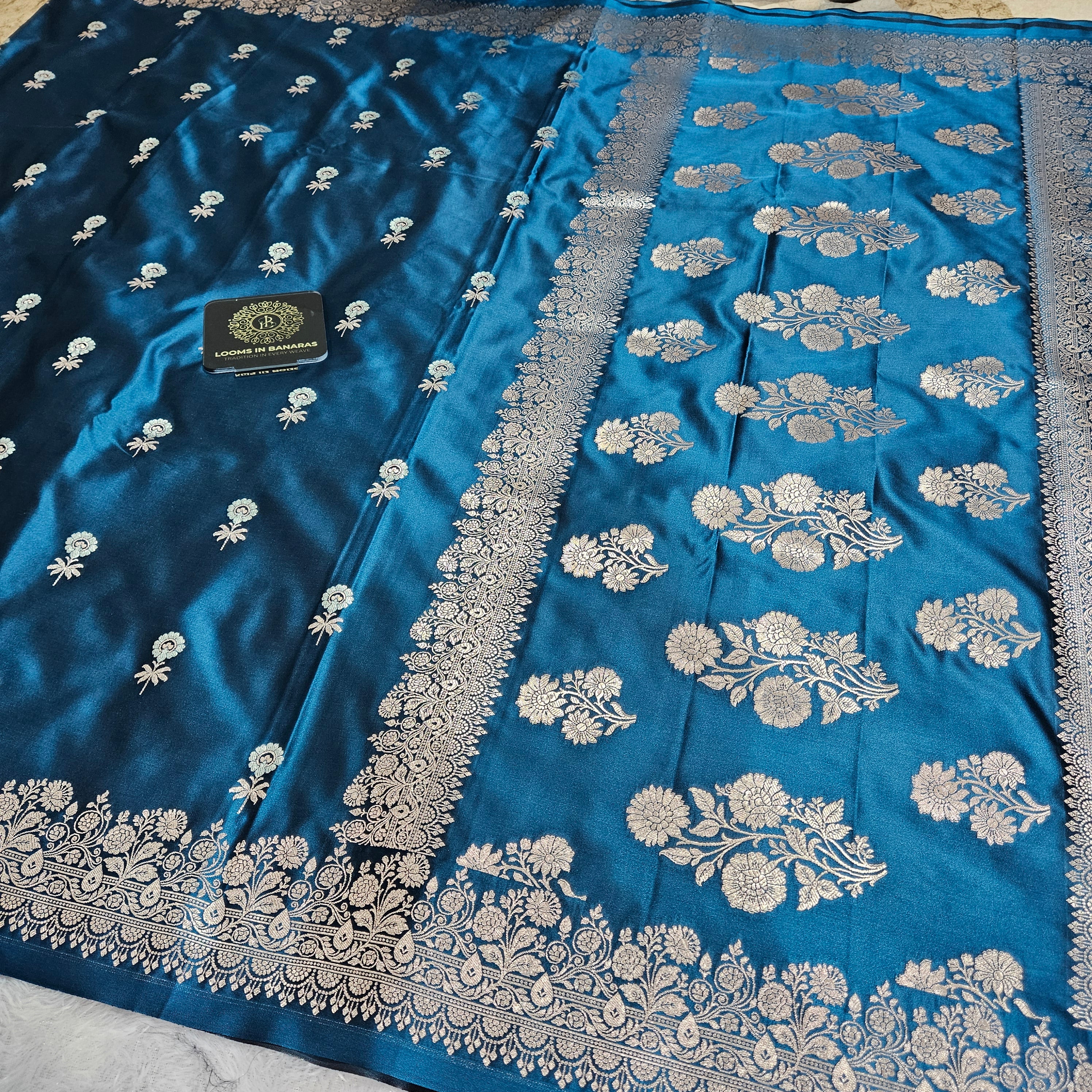 German Blue Banarasi Mashru Silk Alfi Border Booti Saree