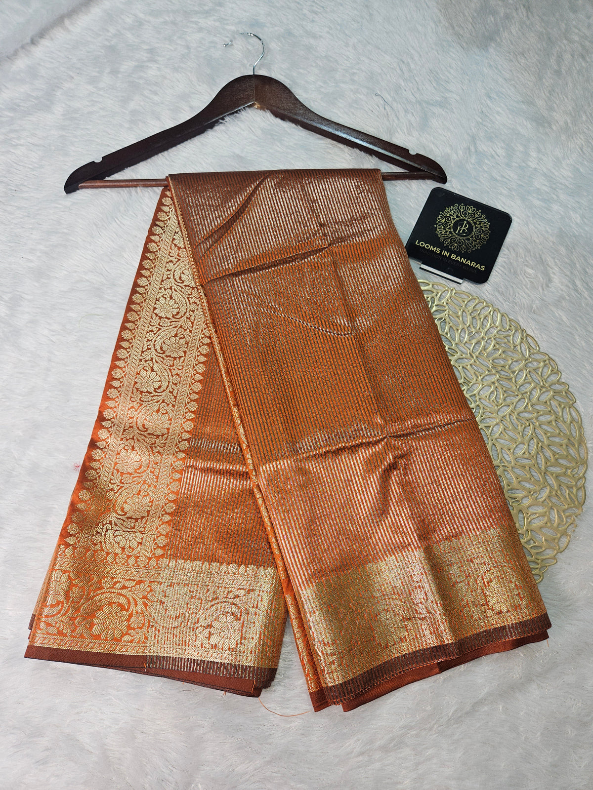 Rust Banarasi Soft Tissue Zari Stripe Design Saree
