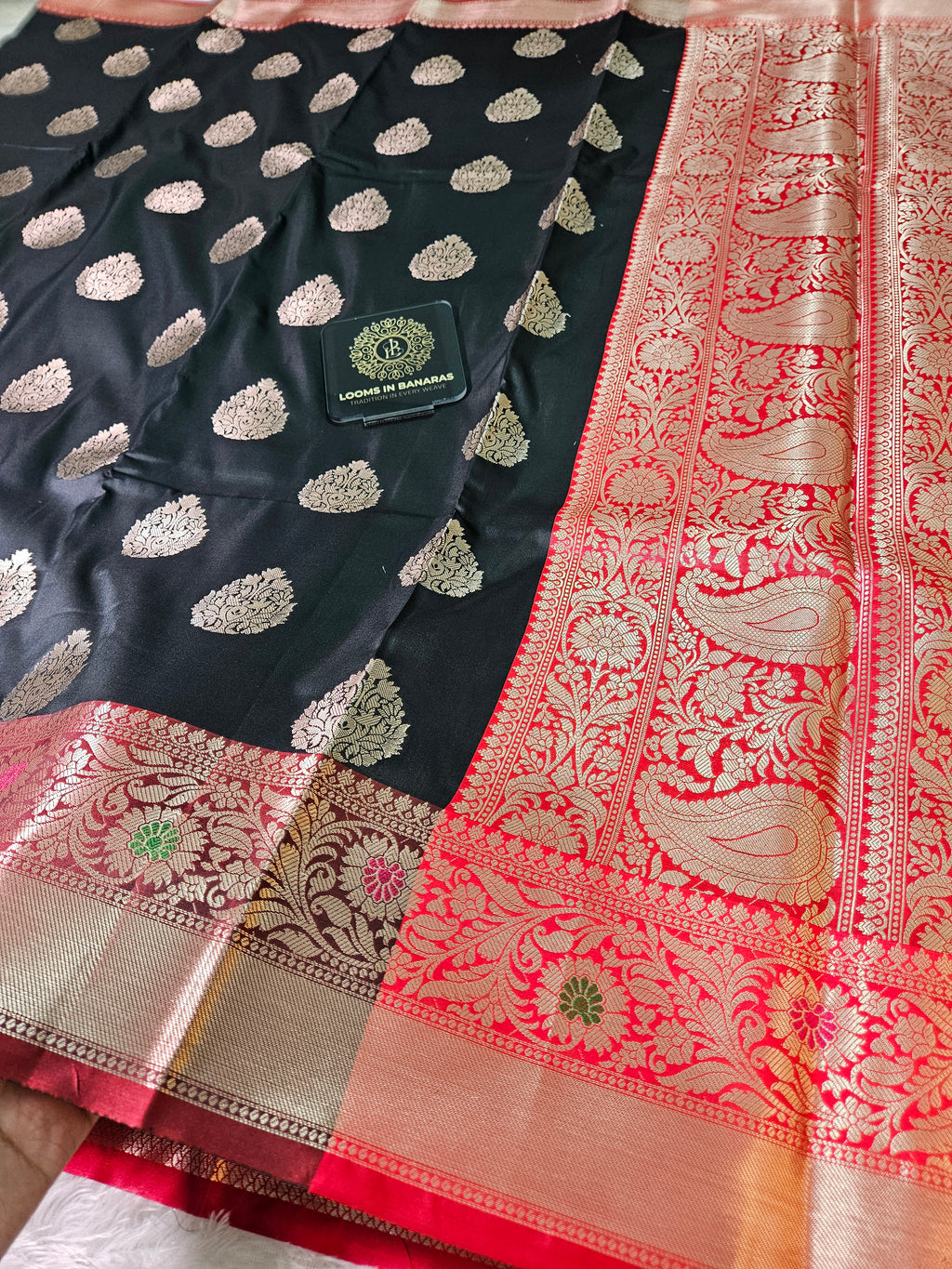 Black and Red Contrast Banarasi Silk Buta Zari Border Saree