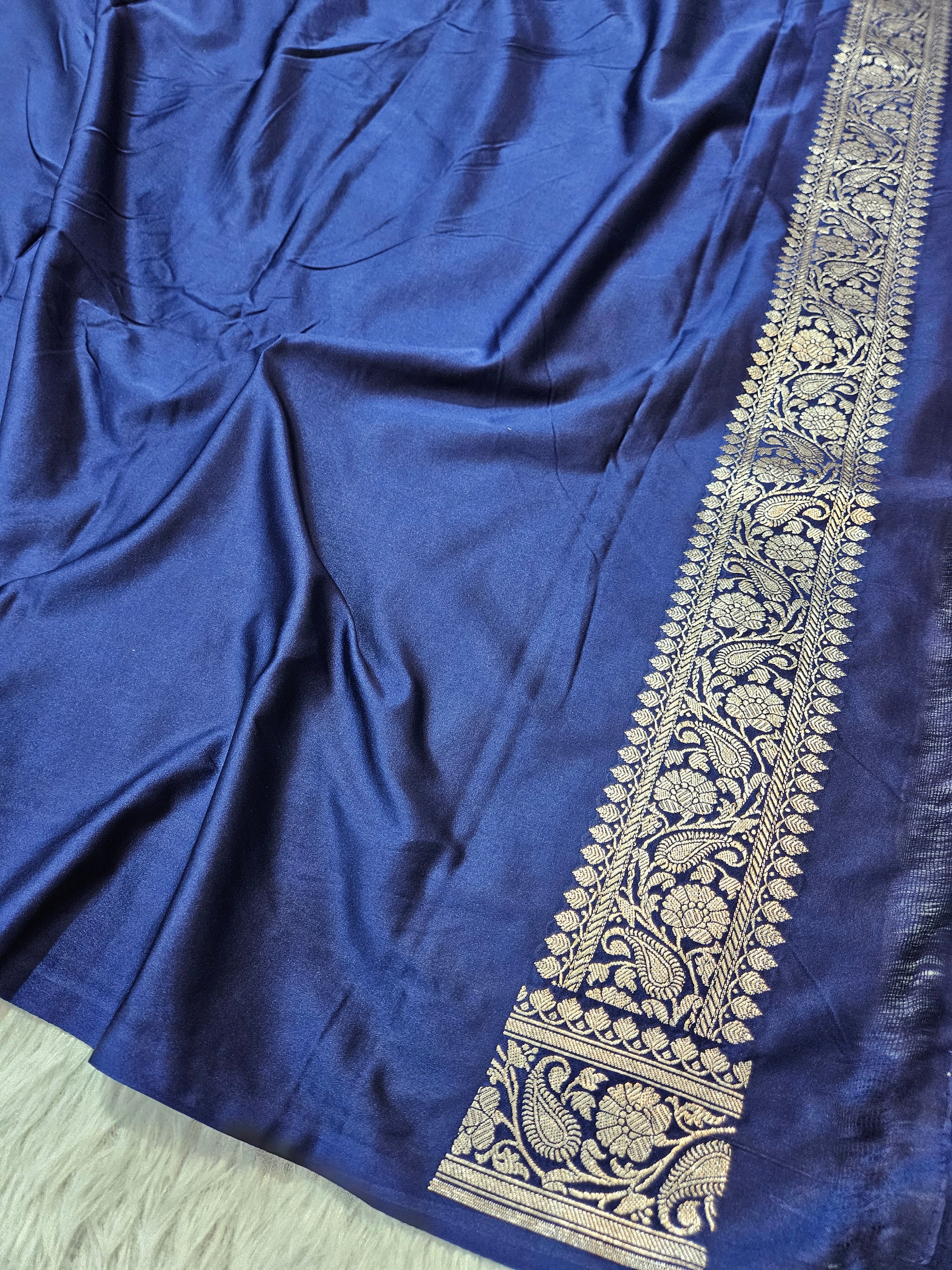 Rangkaat Navy Blue Mashru Silk Banarasi Saree Aada Design Multi Colour