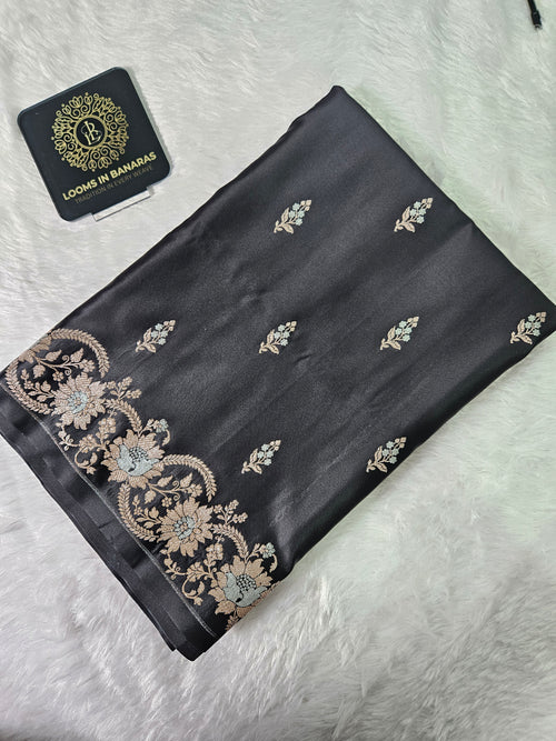 Banarasi Black Green Mashru Silk Banarasi Alfi Border Booti Saree