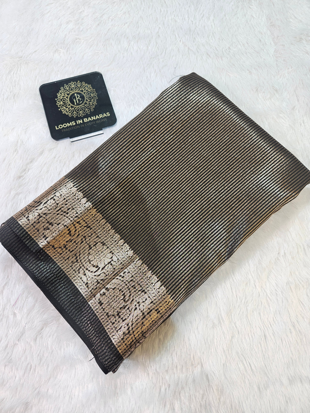 Black Banarasi Soft Tissue Zari Stripe Design Saree