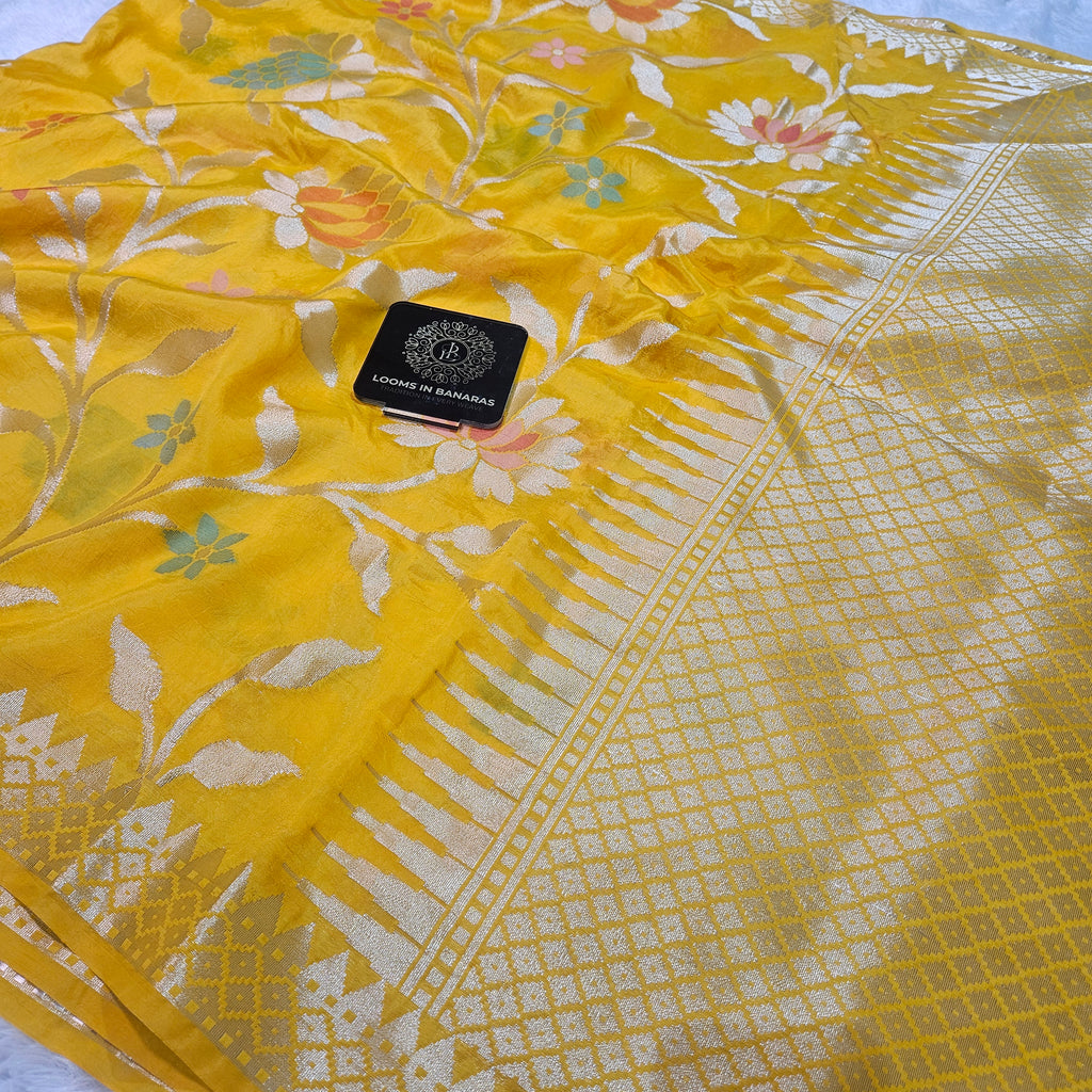 Yellow Banarasi Viscose Silk Saree Floral Jaal with Small border