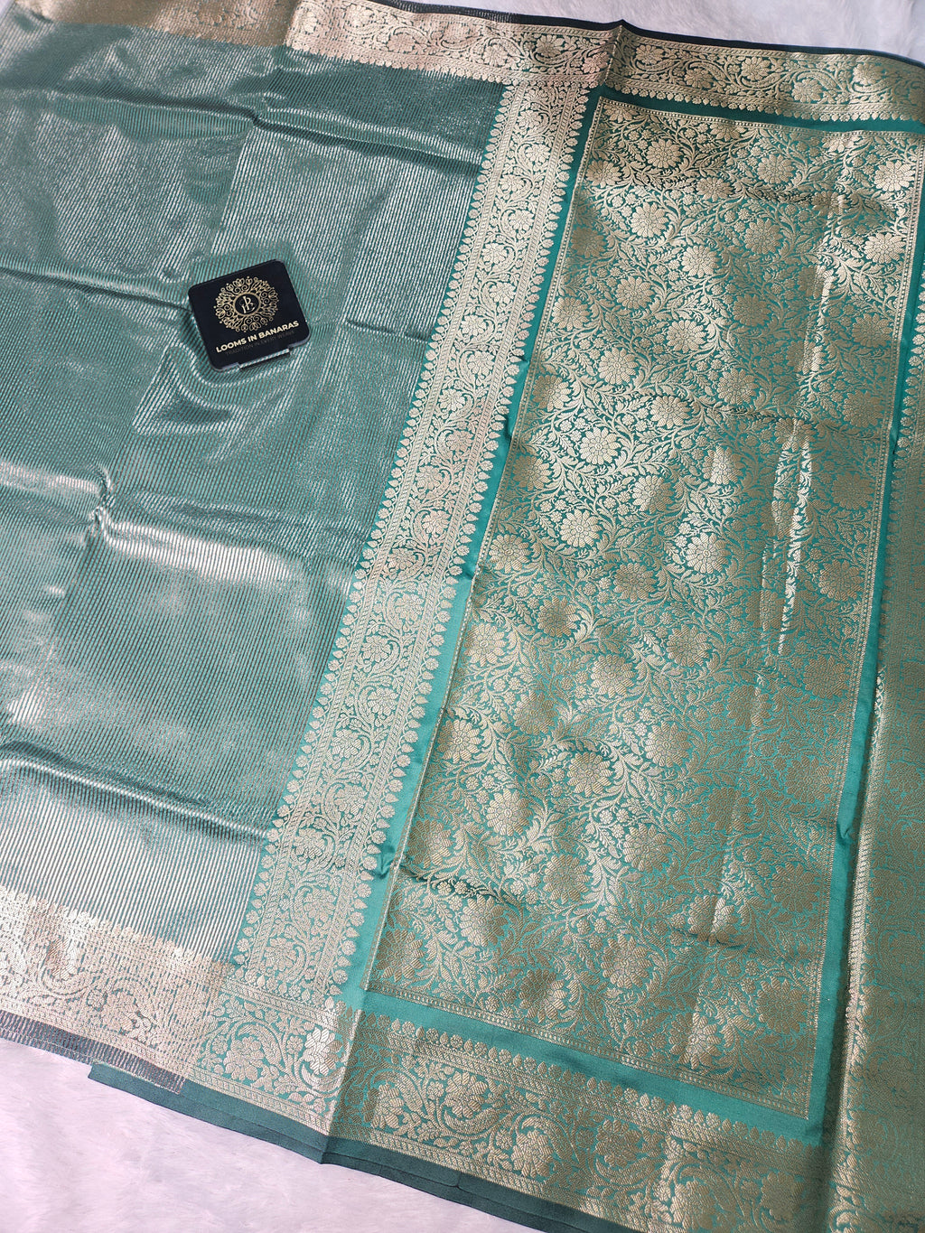 Rama Green Banarasi Soft Tissue Zari Stripe Design Saree