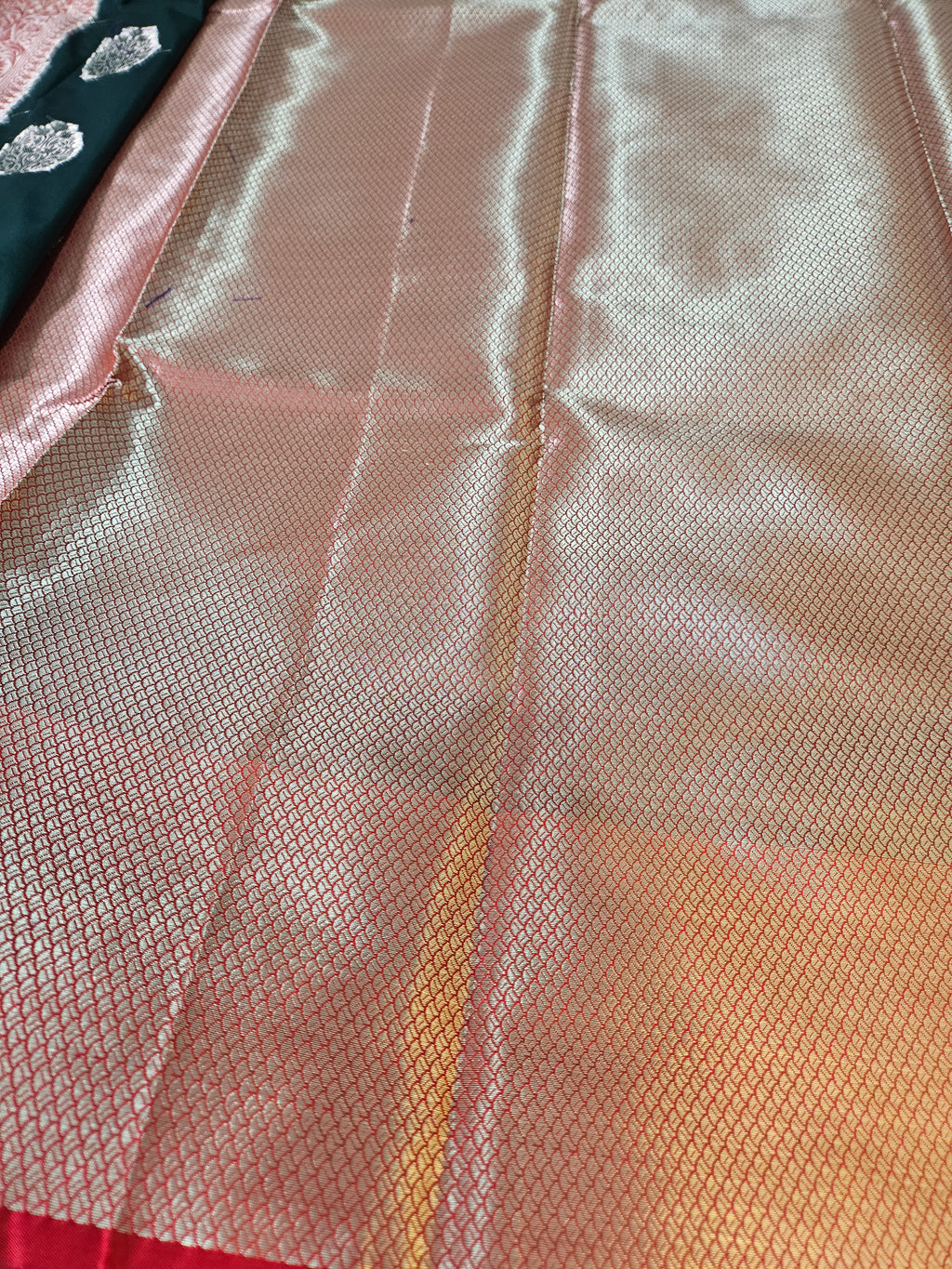 Bottle Green and Red Contrast Banarasi Silk Buta Zari Border Saree