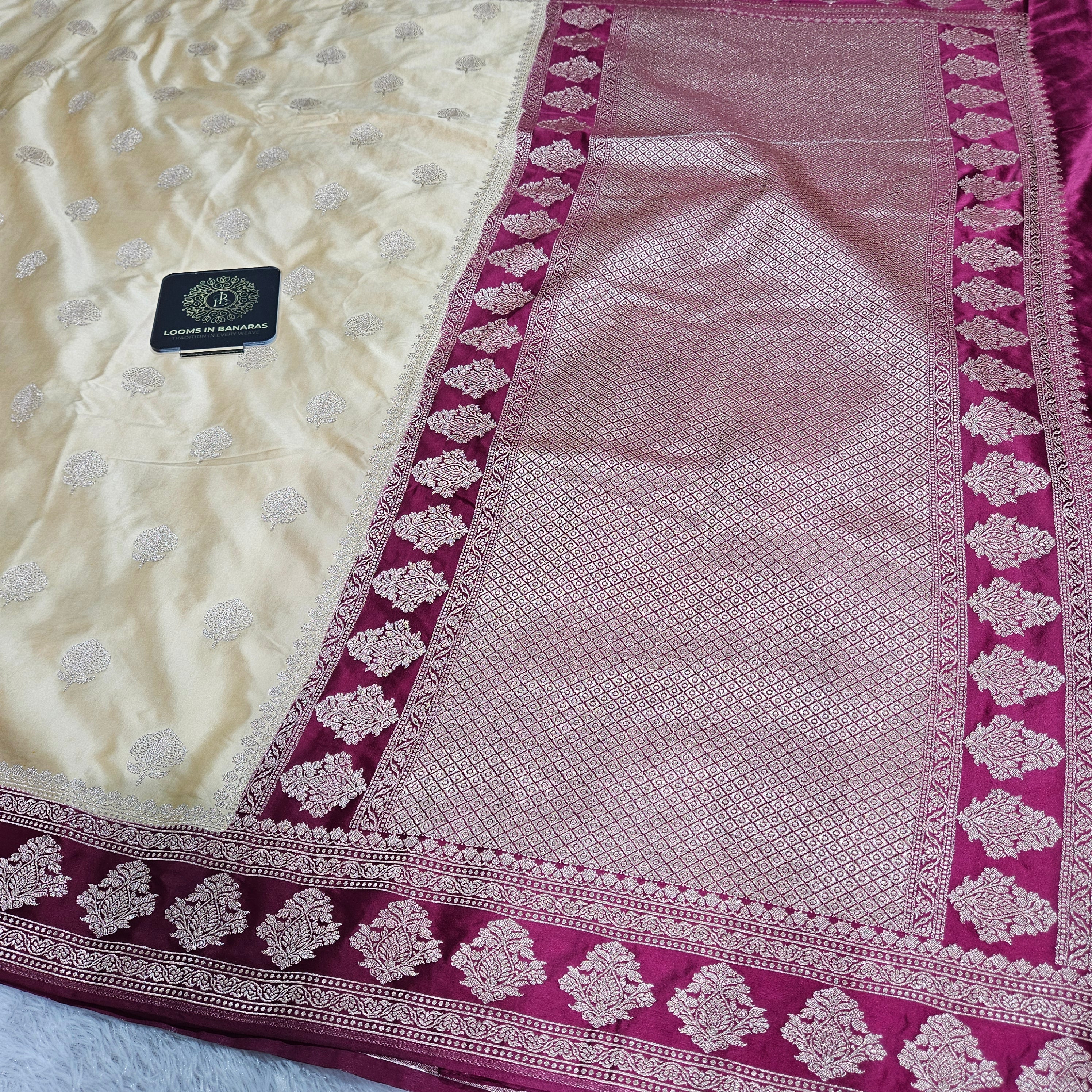 Beige and Maroon Contrast Mashru Silk Banarasi Border Booti Saree