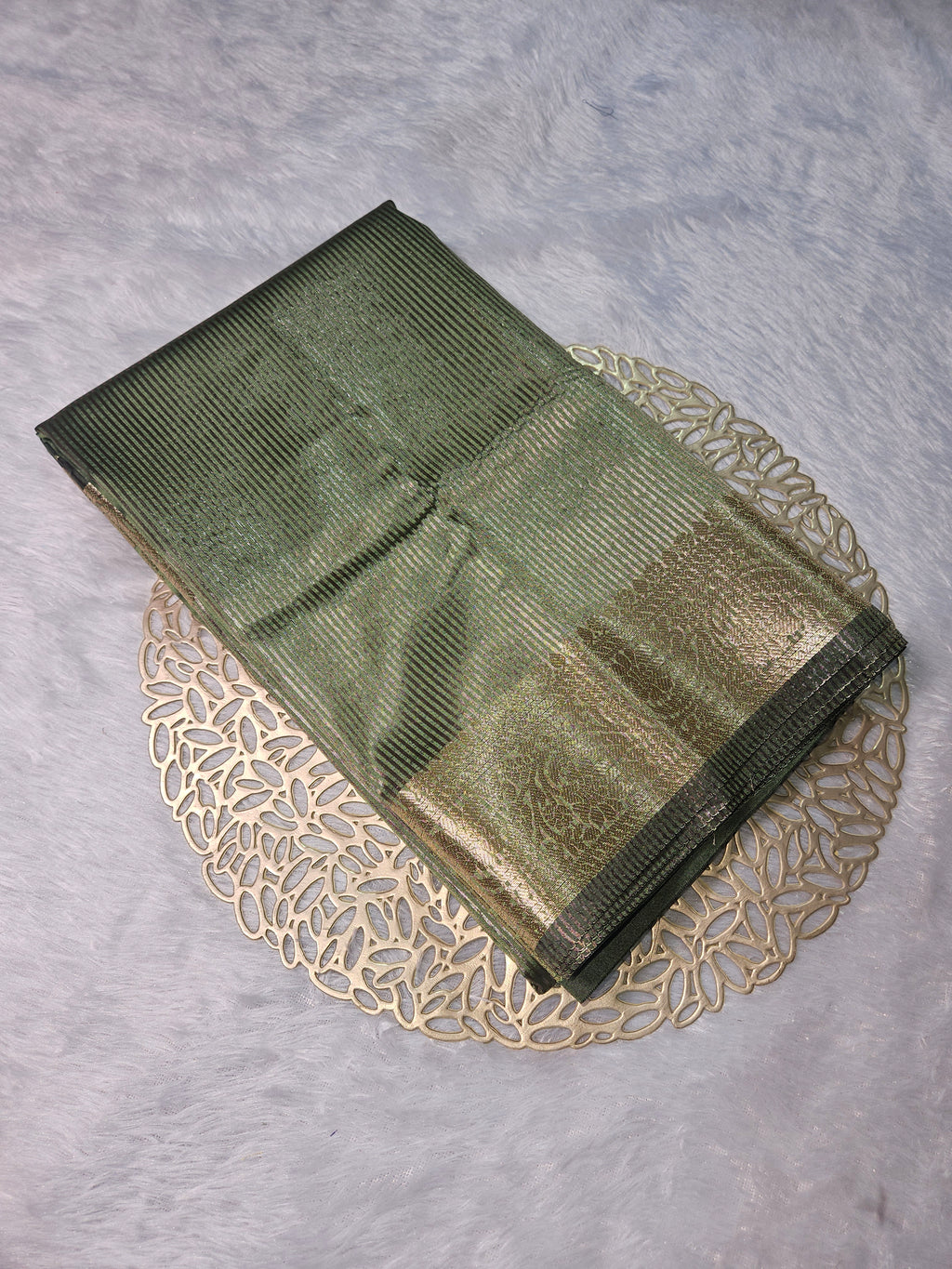 Mehndi Banarasi Soft Tissue Zari Stripe Design Saree