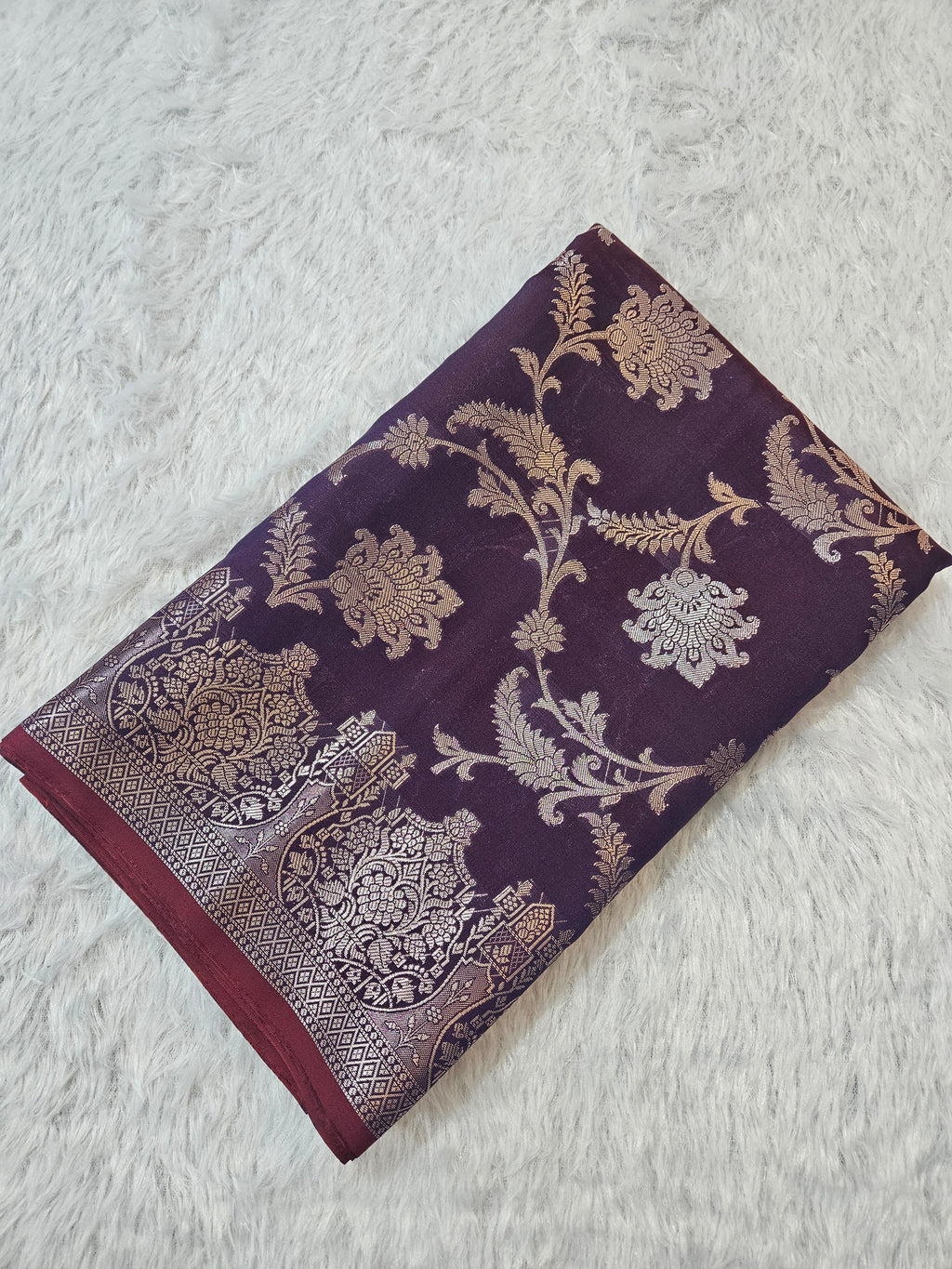 Banarasi Silk Wine Jaal Zari Border Saree