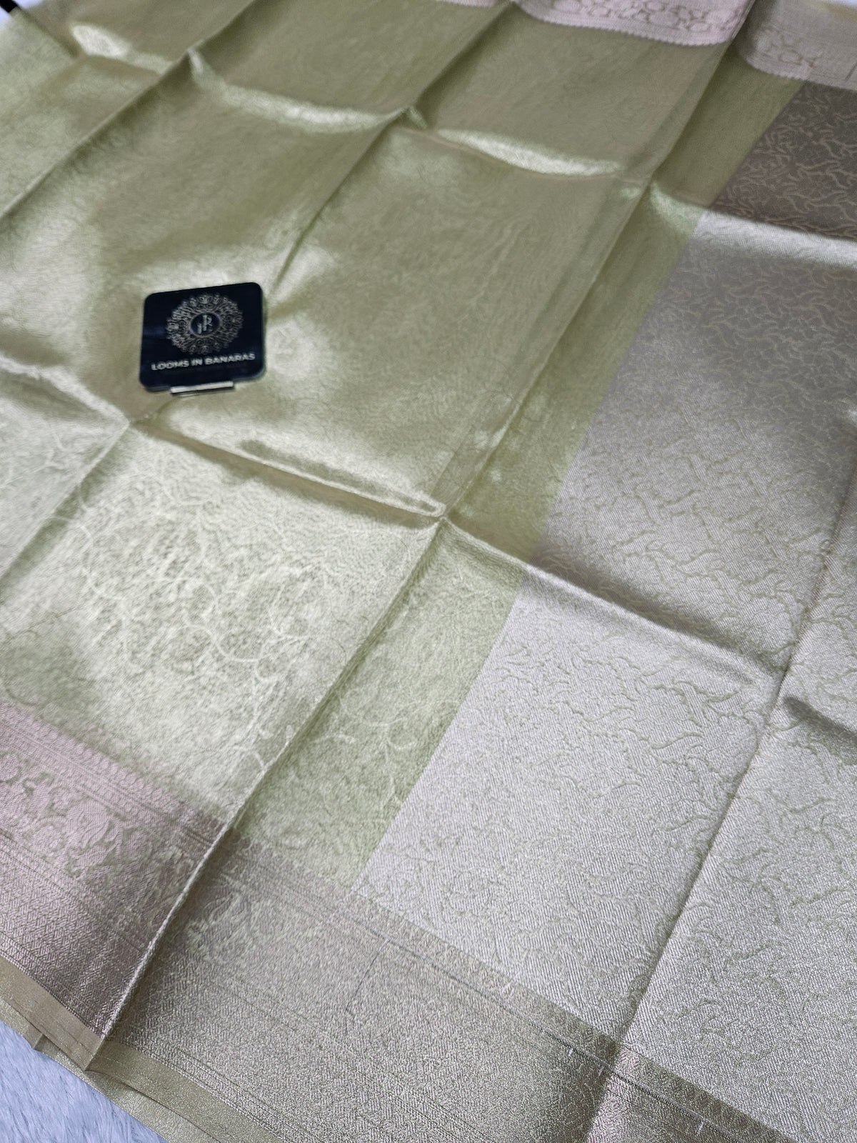 Metallic Pista Banarasi Tissue Zari Tanchui Design Border Saree