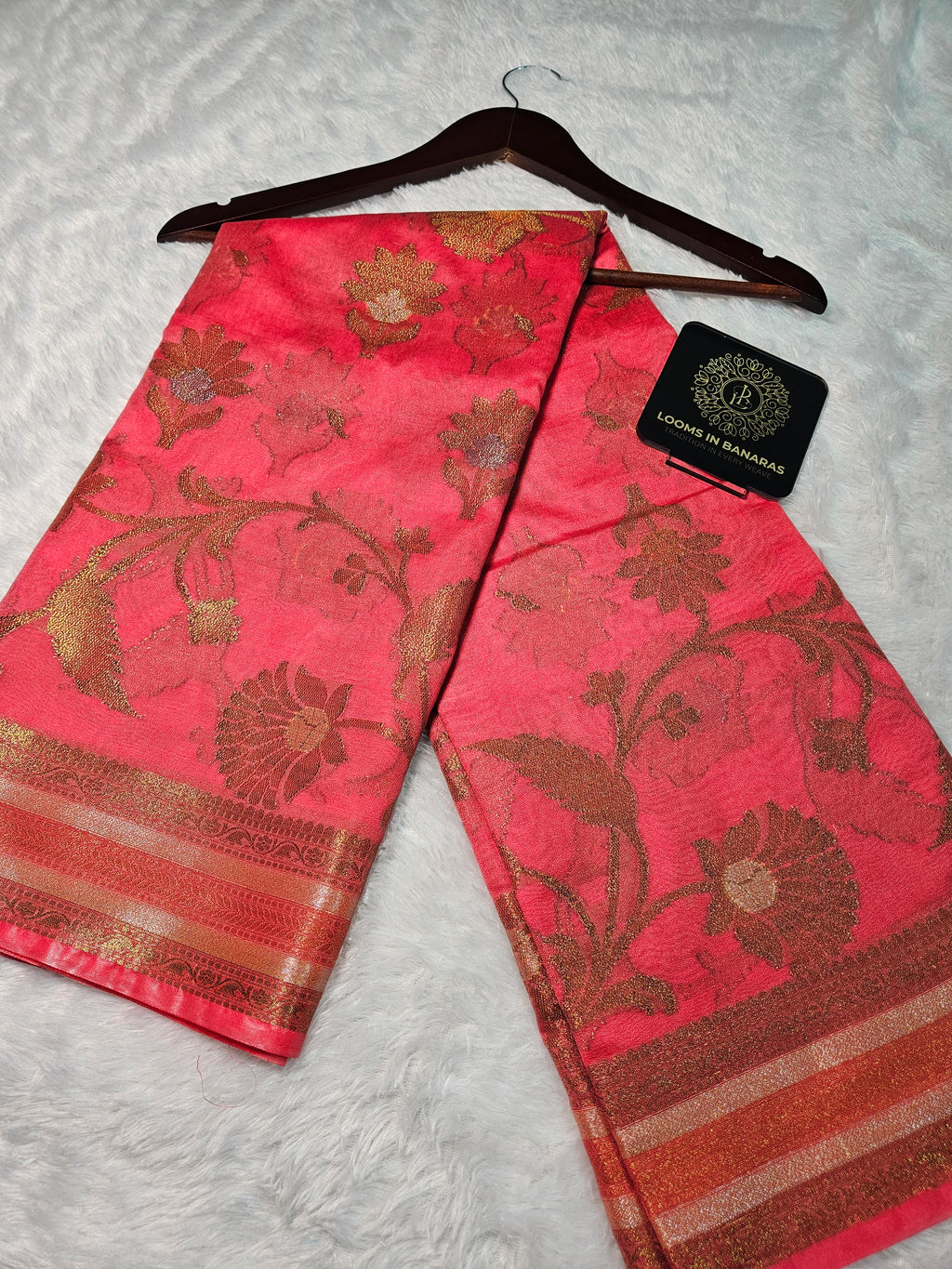 Banarasi Georgette Rose Pink Saree with Nimzari Border Jaal