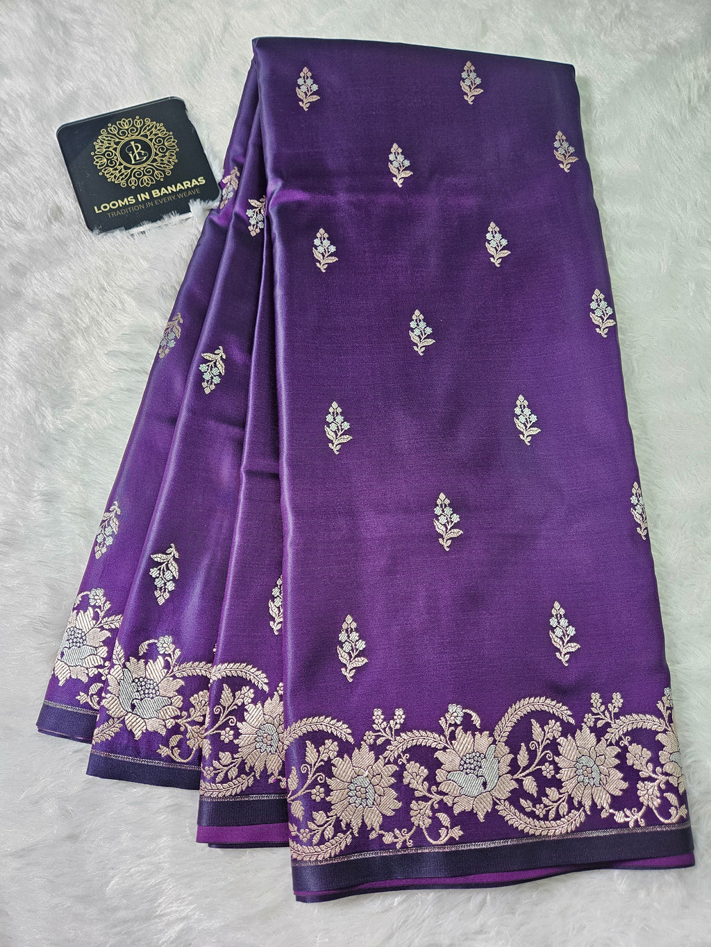 Banarasi Purple Green Mashru Silk Banarasi Alfi Border Booti Saree