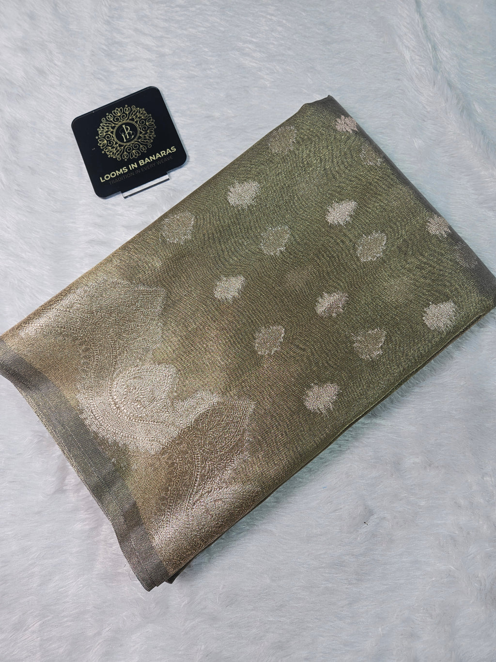 Golden Olive Banarasi Tissue Zari Buti Design Saree