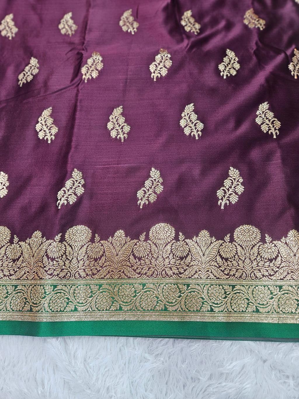 Wine and Green Contrast Banarasi Katan Satin Silk Saree Zari Border Buta Design