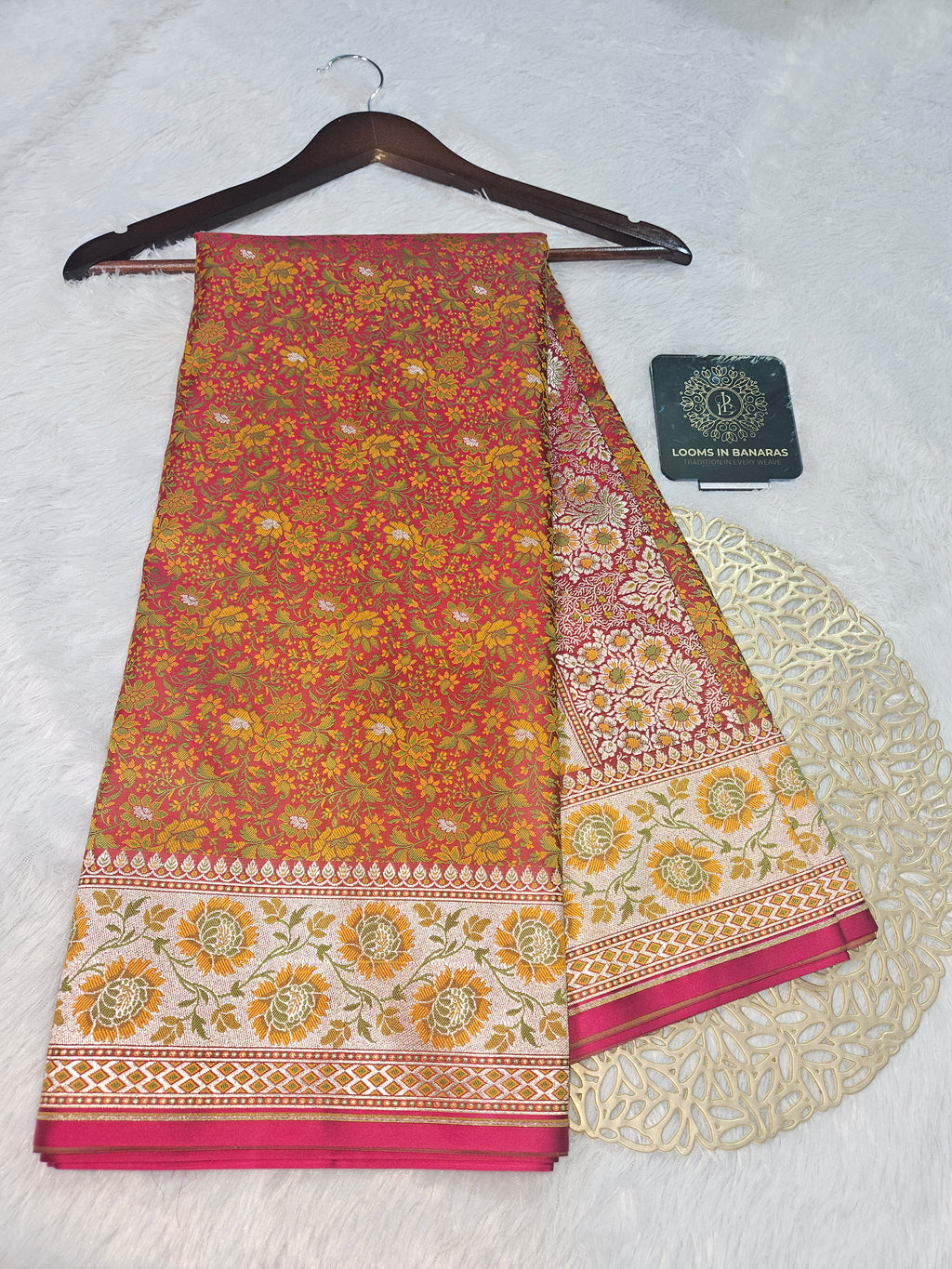 Rani Pink Banarasi Jamewar Satin Silk Saree with Gold Multi Mina.