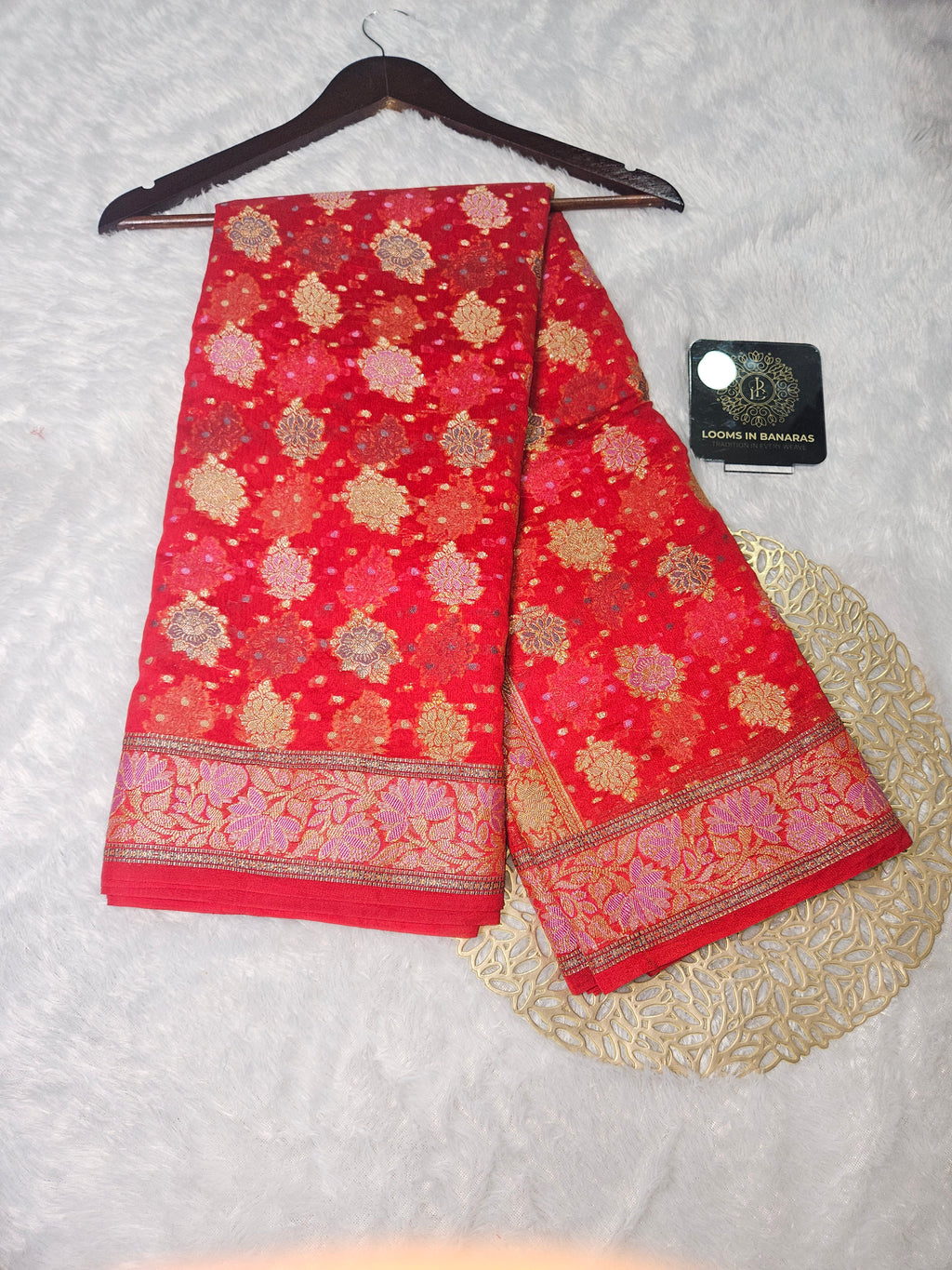 Banarasi Crepe Georgette Red Saree with Gold Zari Buta Design