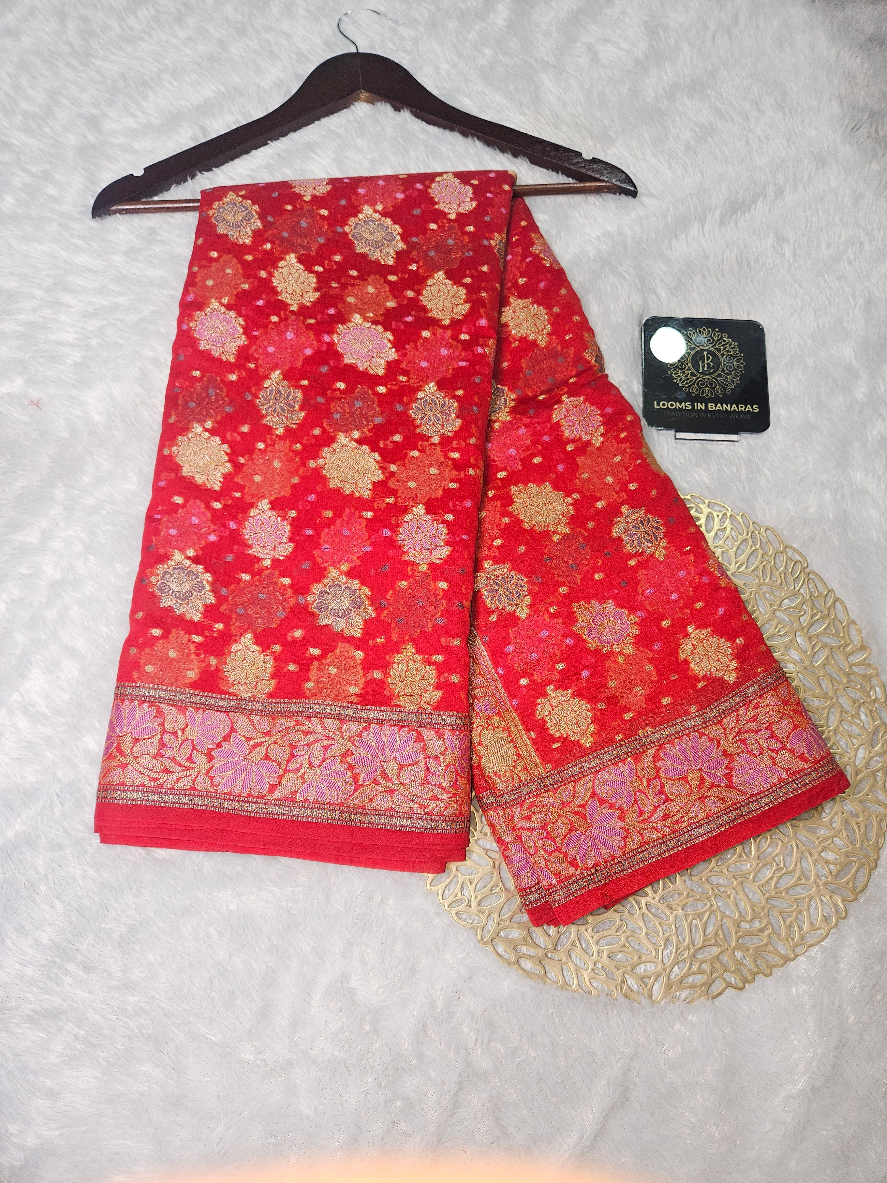 Banarasi Crepe Georgette Red Saree with Gold Zari Buta Design