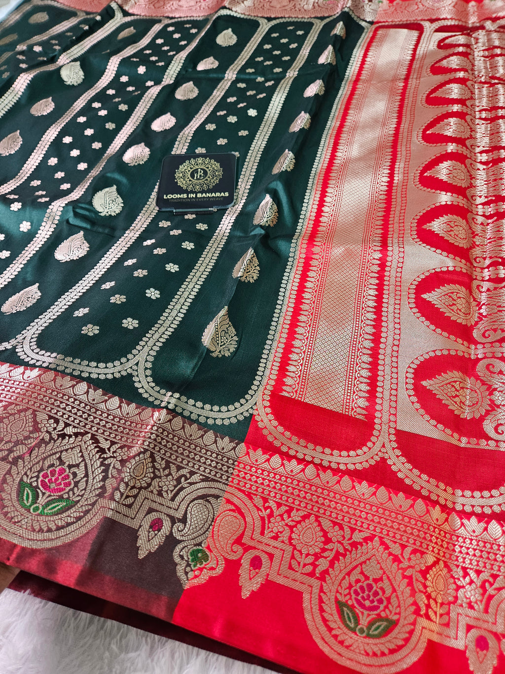 Bottle Green and Red Contrast Banarasi Silk Jaal Zari Border Saree