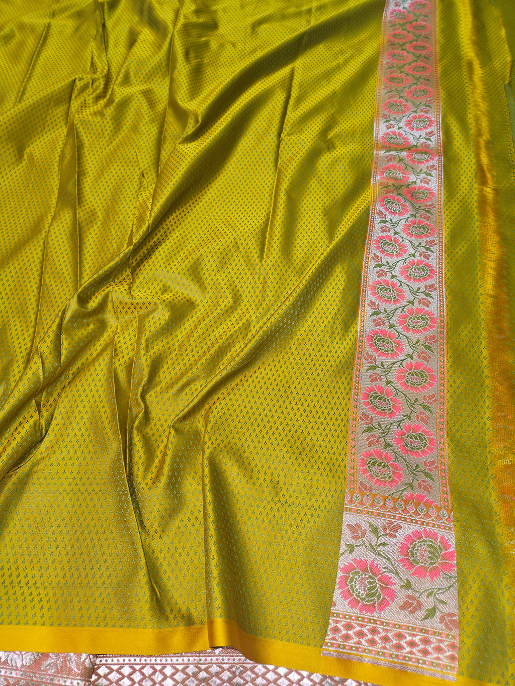 Gold Banarasi Jamewar Satin Silk Saree with Green Multi Mina.