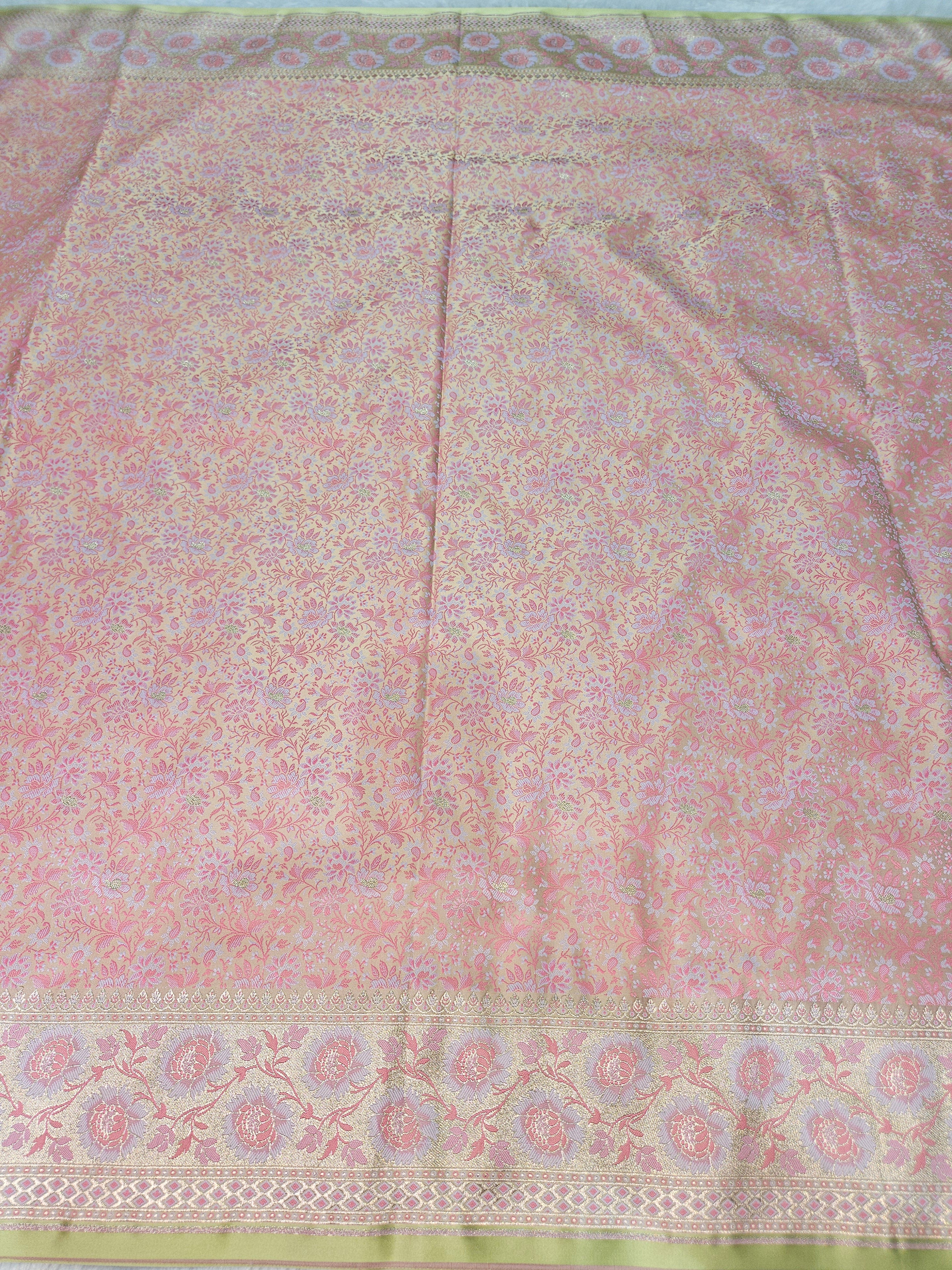 Cream Banarasi Jamewar Satin Silk Saree with Pink Multi Mina.