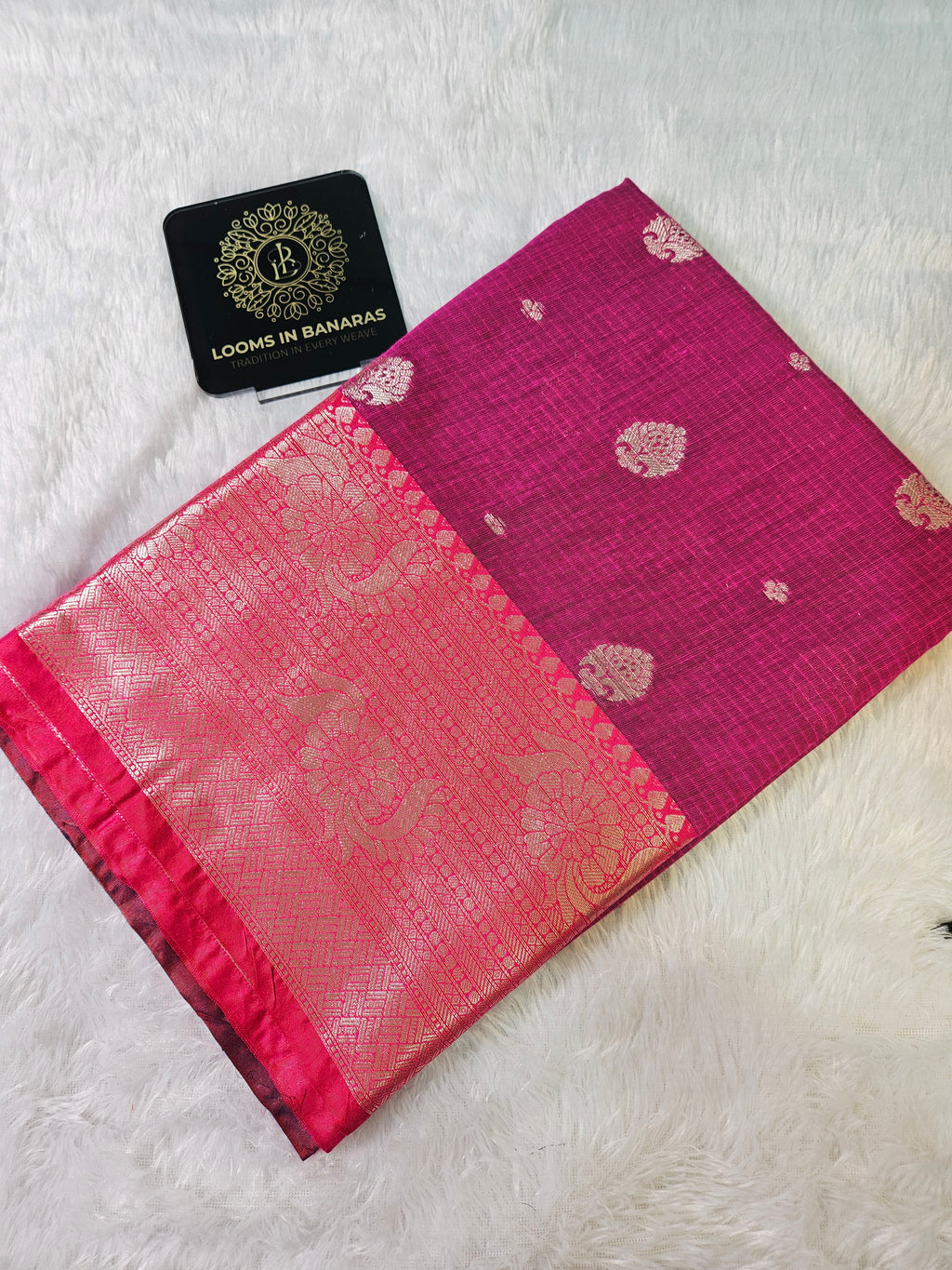 Rani and Blue Contrast Banarasi Cotton Zari Border Boota Saree