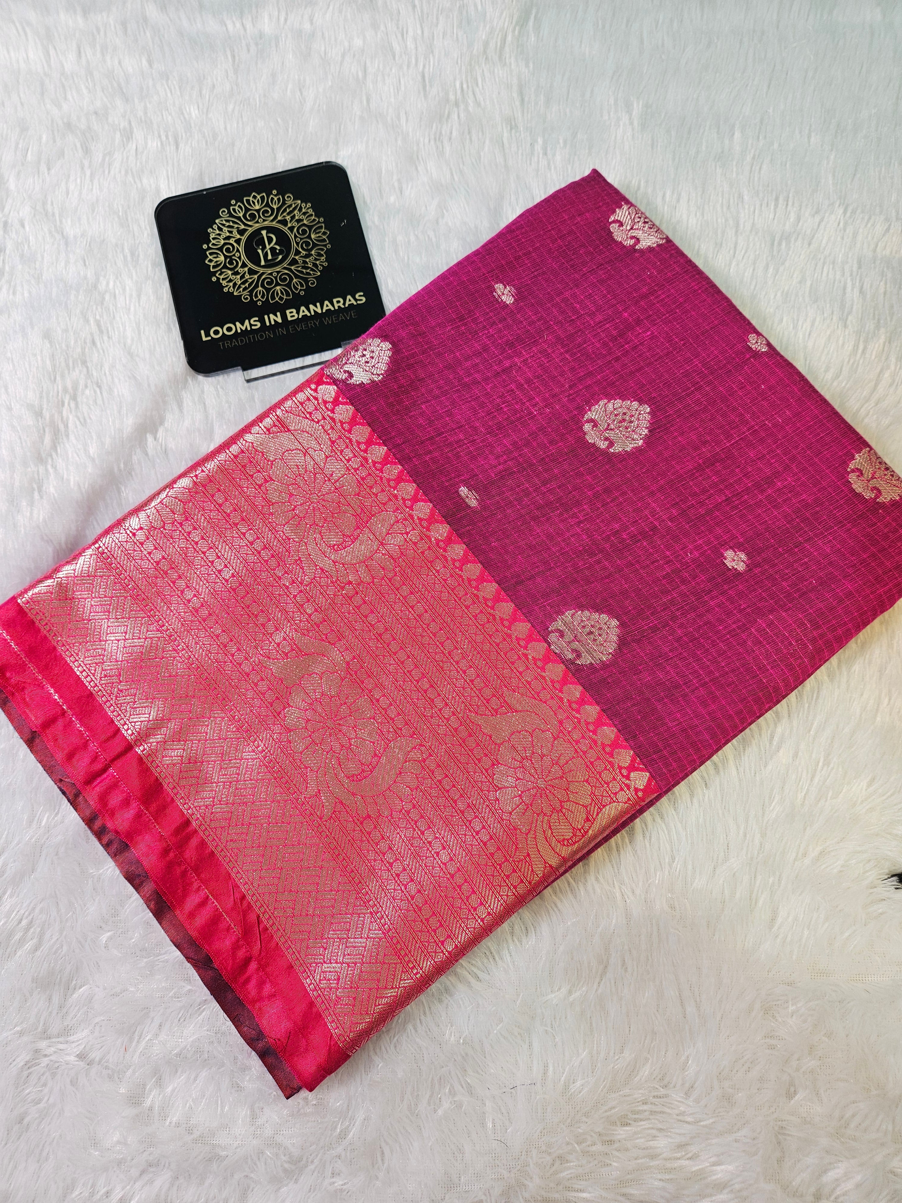 Rani and Blue Contrast Banarasi Cotton Zari Border Boota Saree