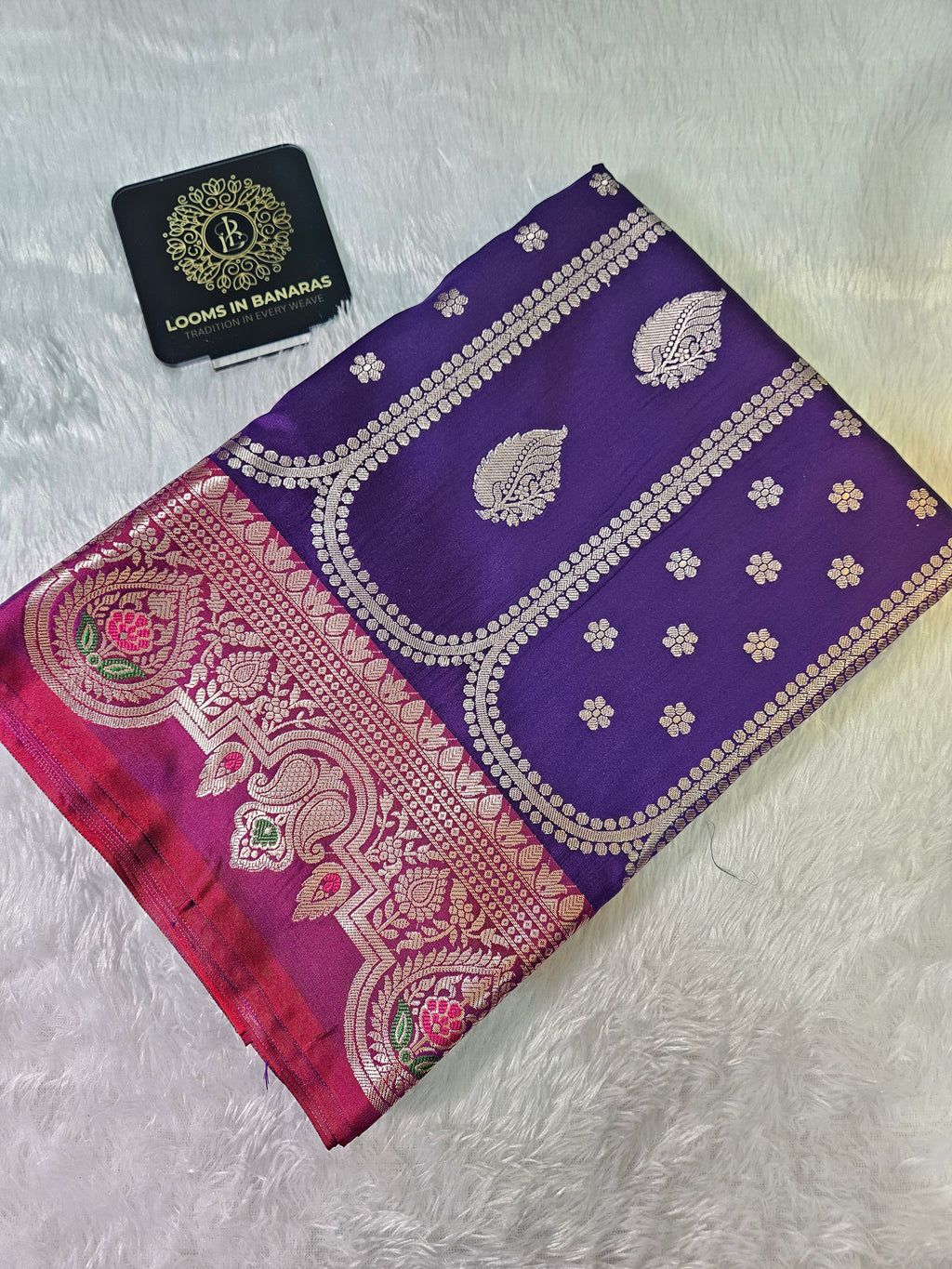 Purple and Red Contrast Banarasi Silk Jaal Zari Border Saree