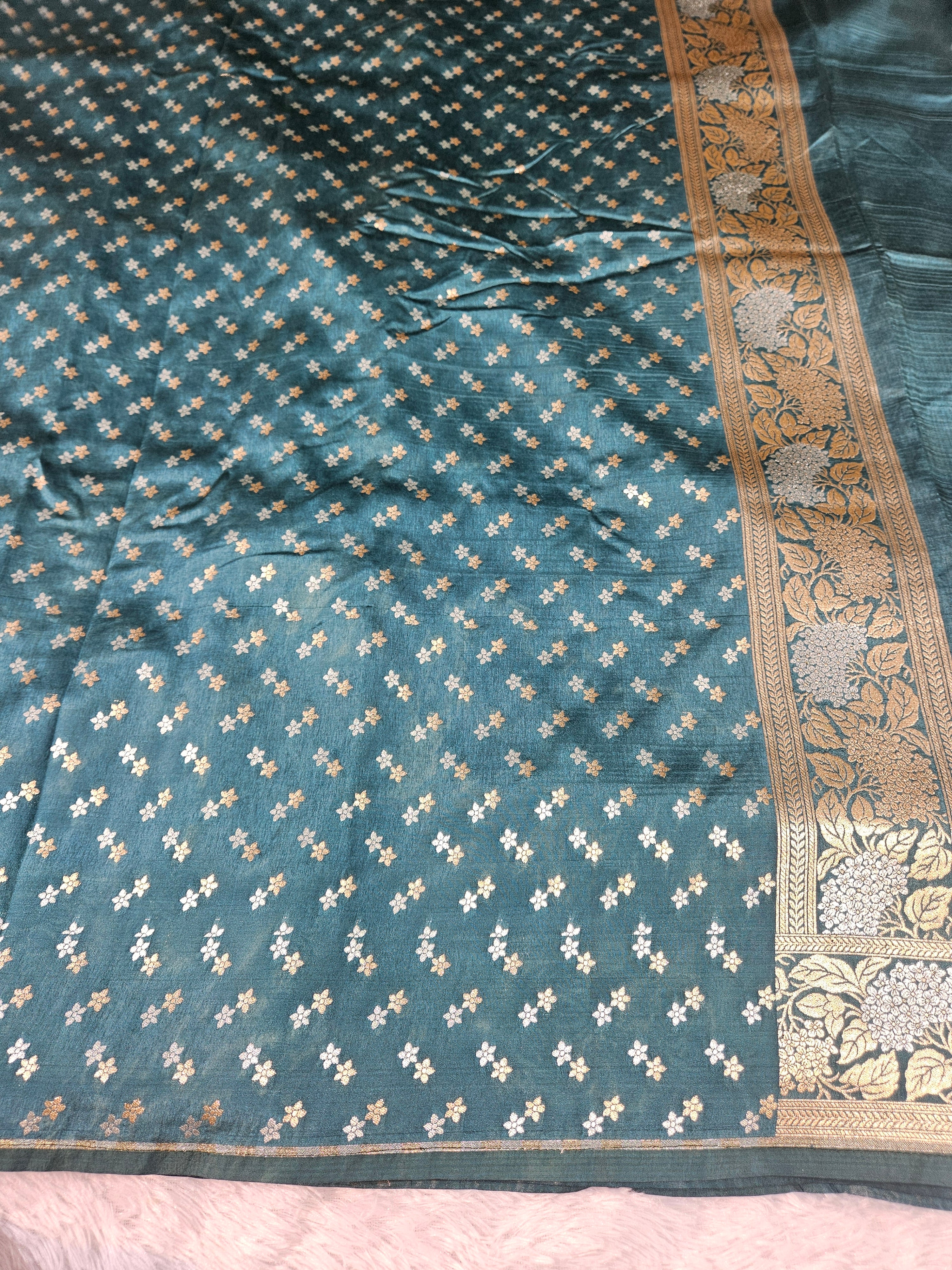Dusty Rama Green Banarasi Viscose Silk Saree Buti Design
