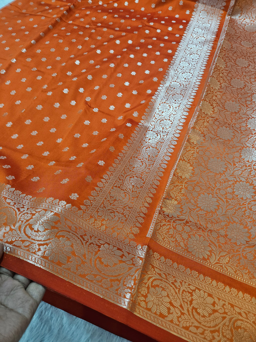 Banarasi Silk Orange Buti Zari Border Saree