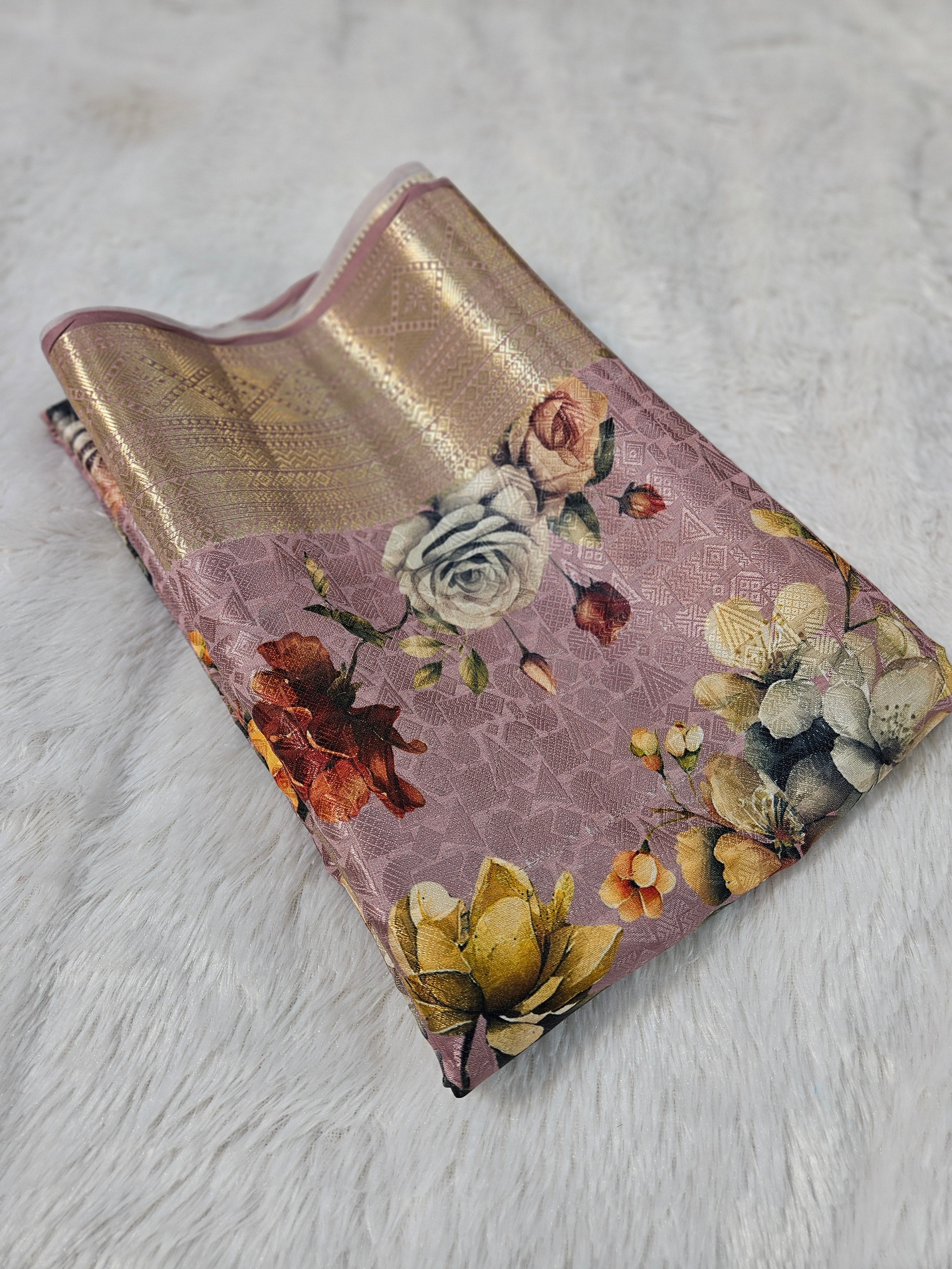 Rose Pink Banarasi Tanchui Digital Print Silk Saree with floral prints