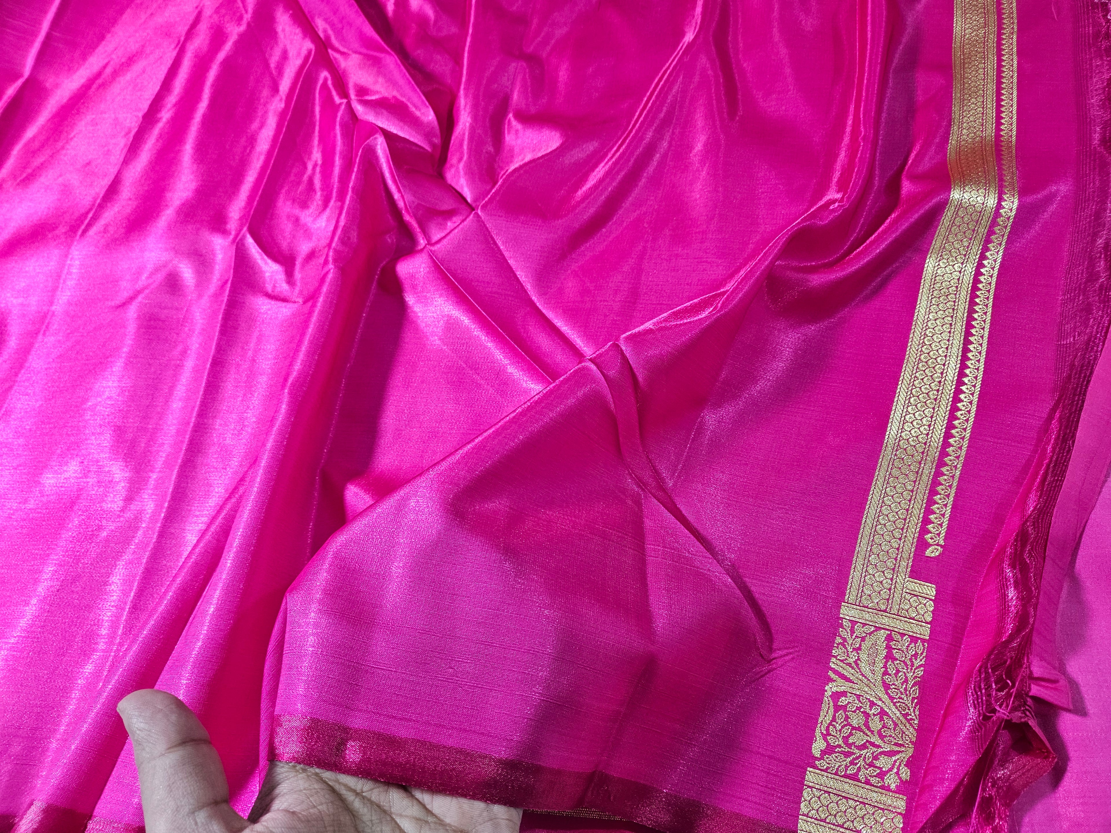 Rani Pink Satin Silk Banarasi Border Jangla Saree