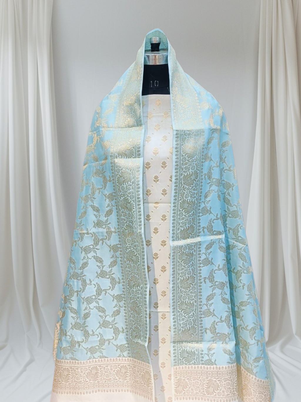 White And Firozi Contrast Zari Buti Banarasi Silk Suit