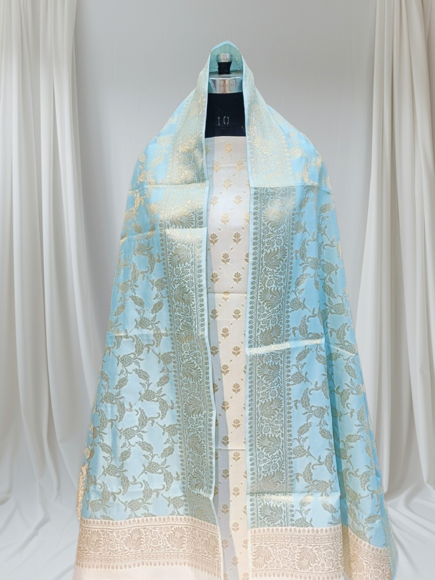 White And Firozi Contrast Zari Buti Banarasi Silk Suit