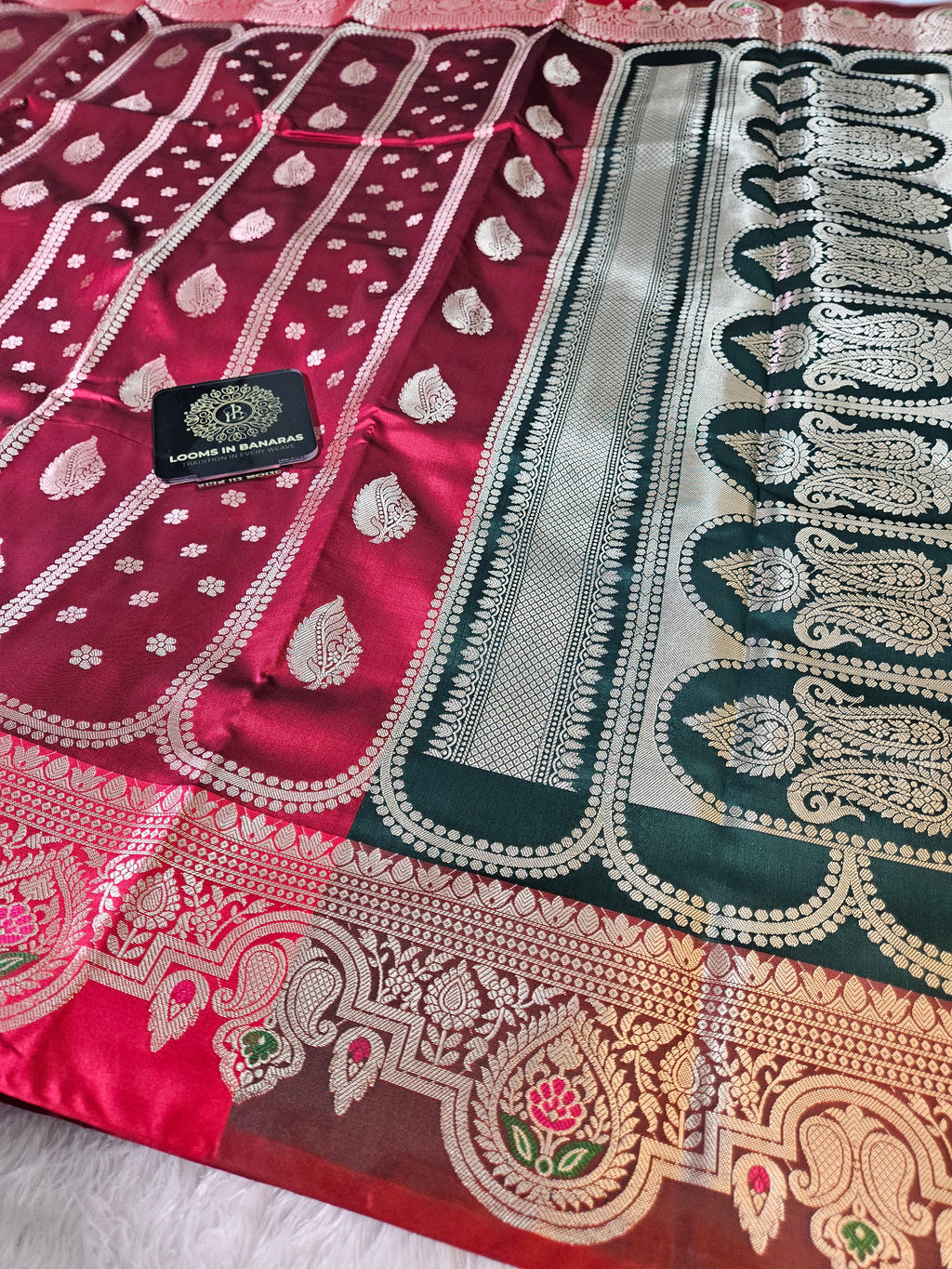Maroon and Green Contrast Banarasi Silk Jaal Zari Border Saree