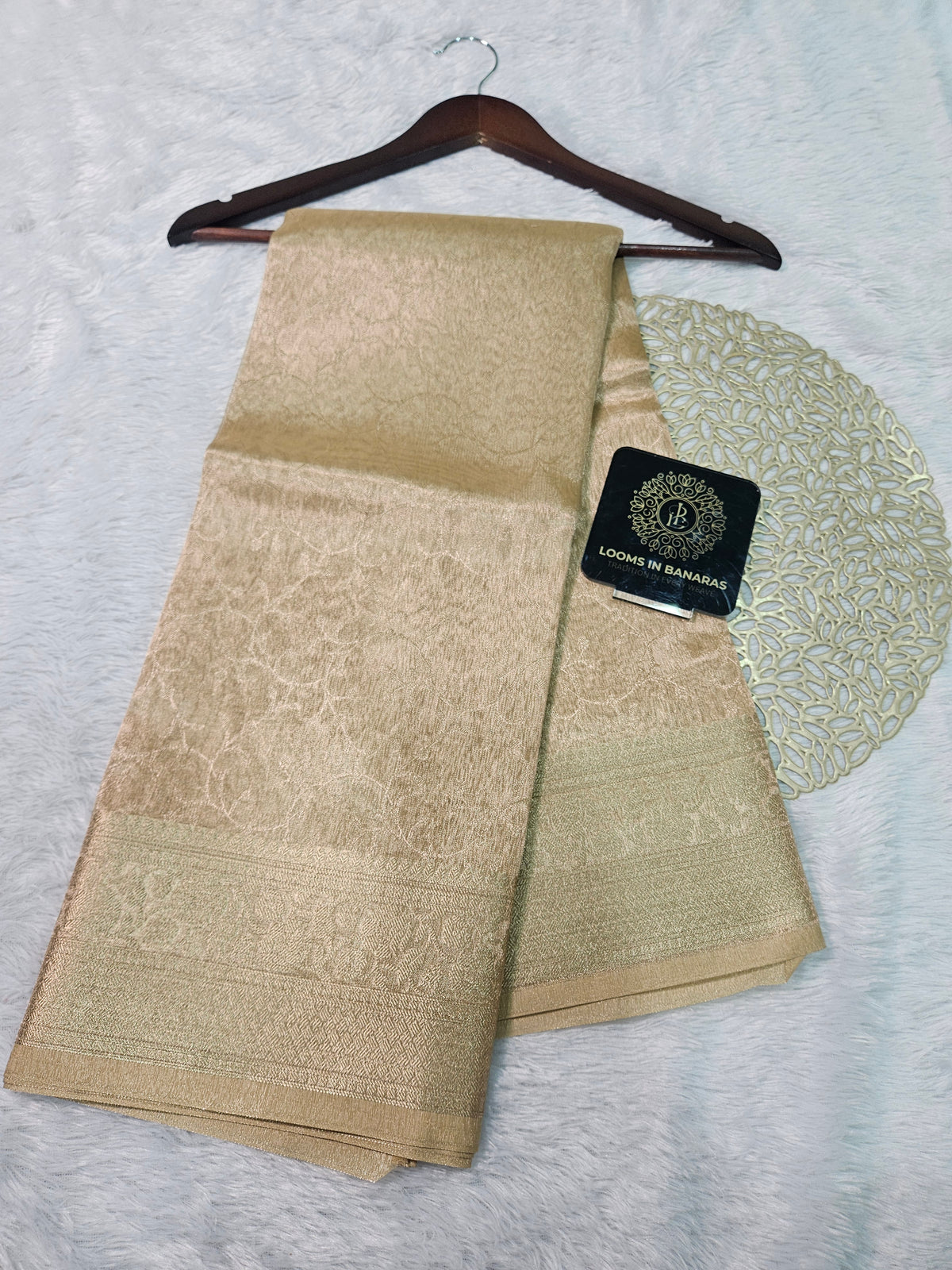 Metallic Gold Banarasi Tissue Zari Tanchui Design Border Saree